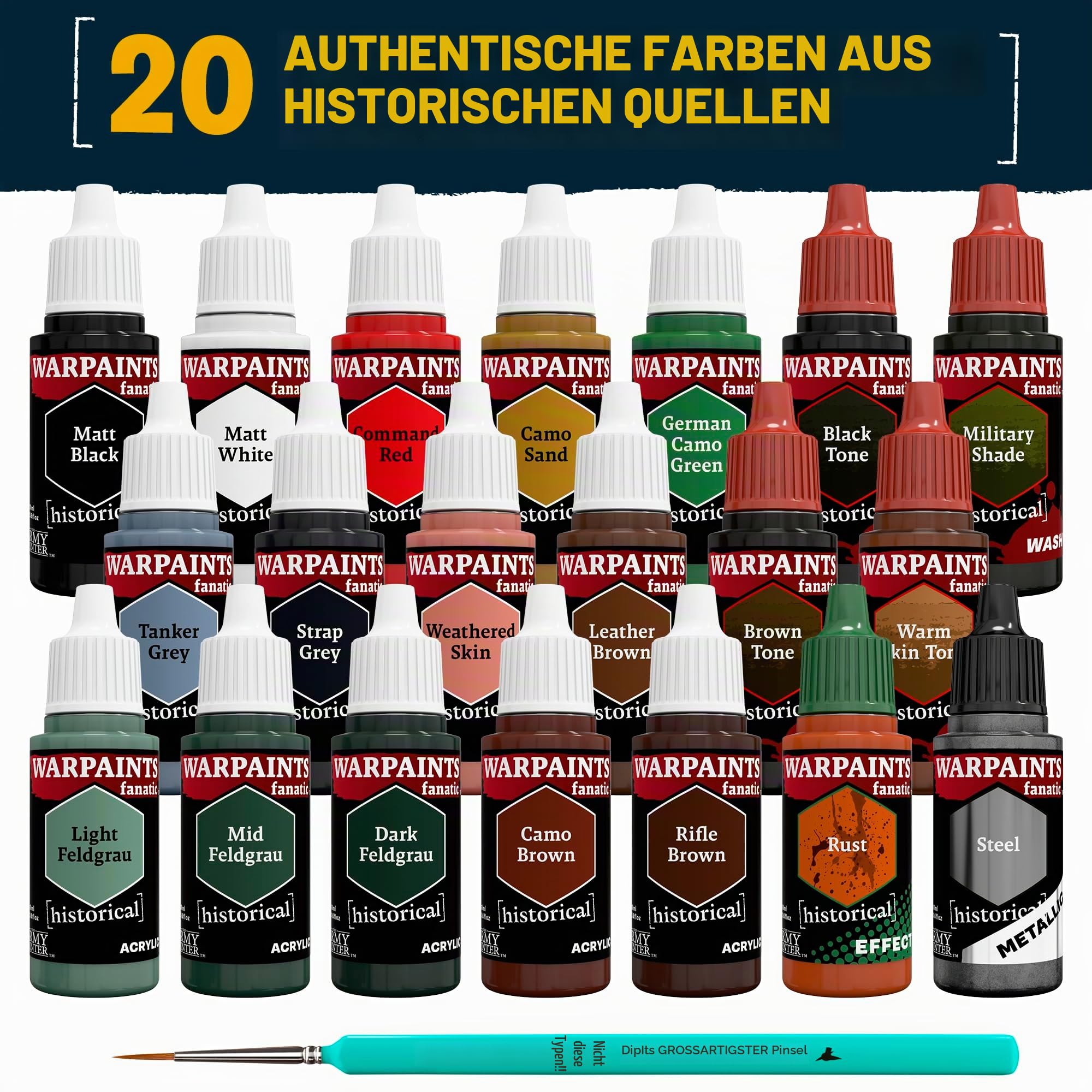 The Army Painter, Historical: WWII German Paint Set Combo, 20x18ml Farbe | Acrylfarben inkl. Warpaints Fanatic: 14 Acrylic, 4 Washes, 1 Effect, 1 Metallic & 1 pinsel - Miniaturfarben für Armed Forces