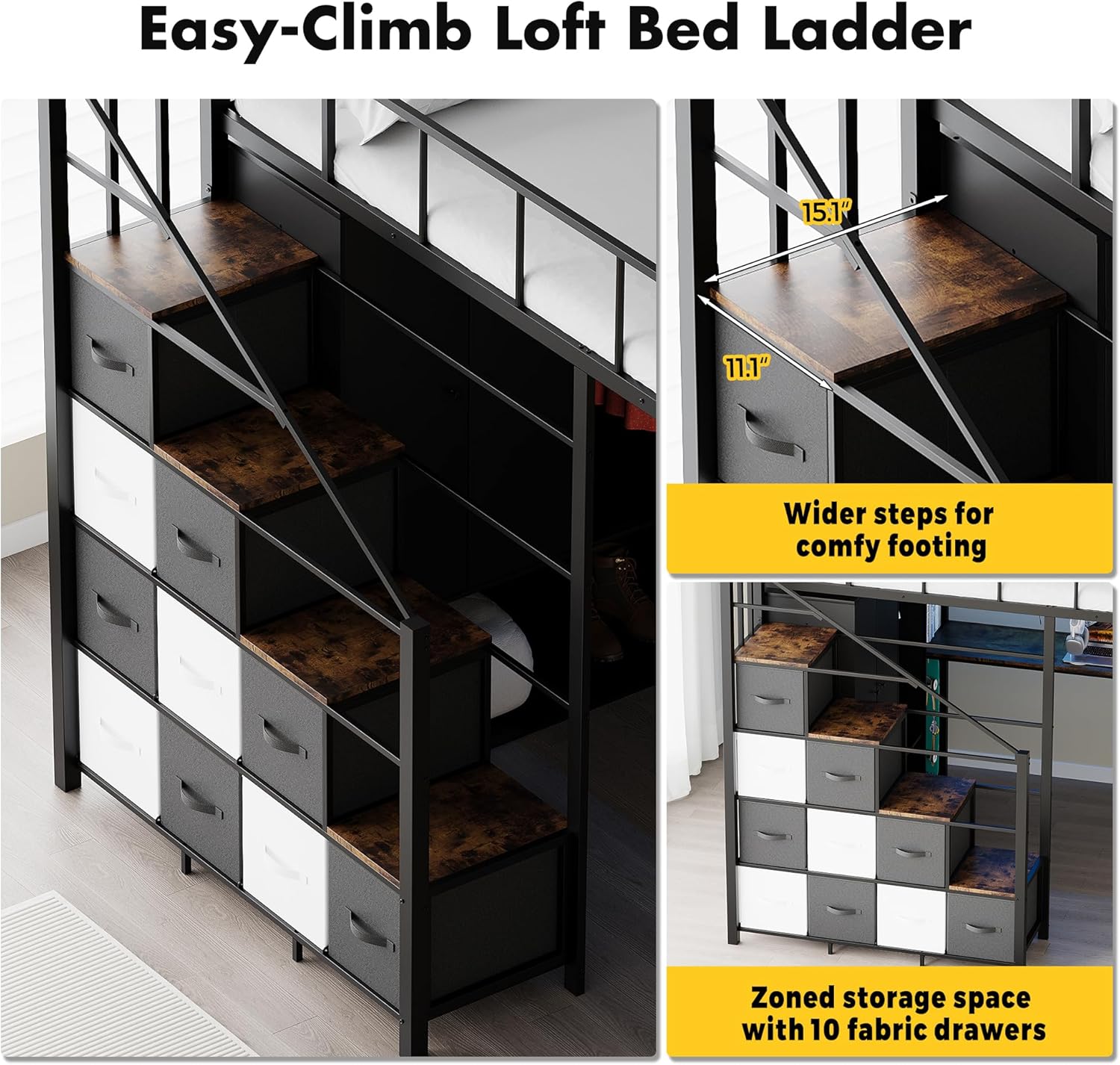 Full Size Loft Bed with Desk, Stairs & LED Light, Metal Gaming Loft Bed Frame with Headboard, Safety Guardrails, Charging Station, Closet & Fabric Drawers, Space Saving, Black & Burnt Wood