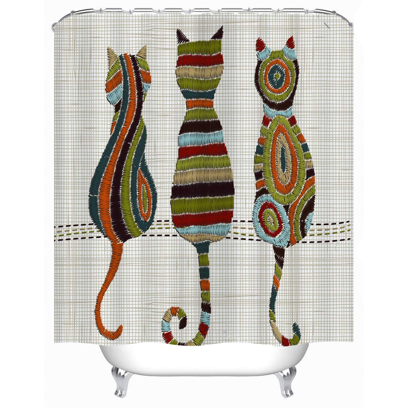 hipaopao Cute Animal Cat Shower Curtain Knitted Design Kitten Family Fabric Shower Curtain Sets Bathroom Decor with Hooks Waterproof Washable 71 x 71 inches Green Blue Red…