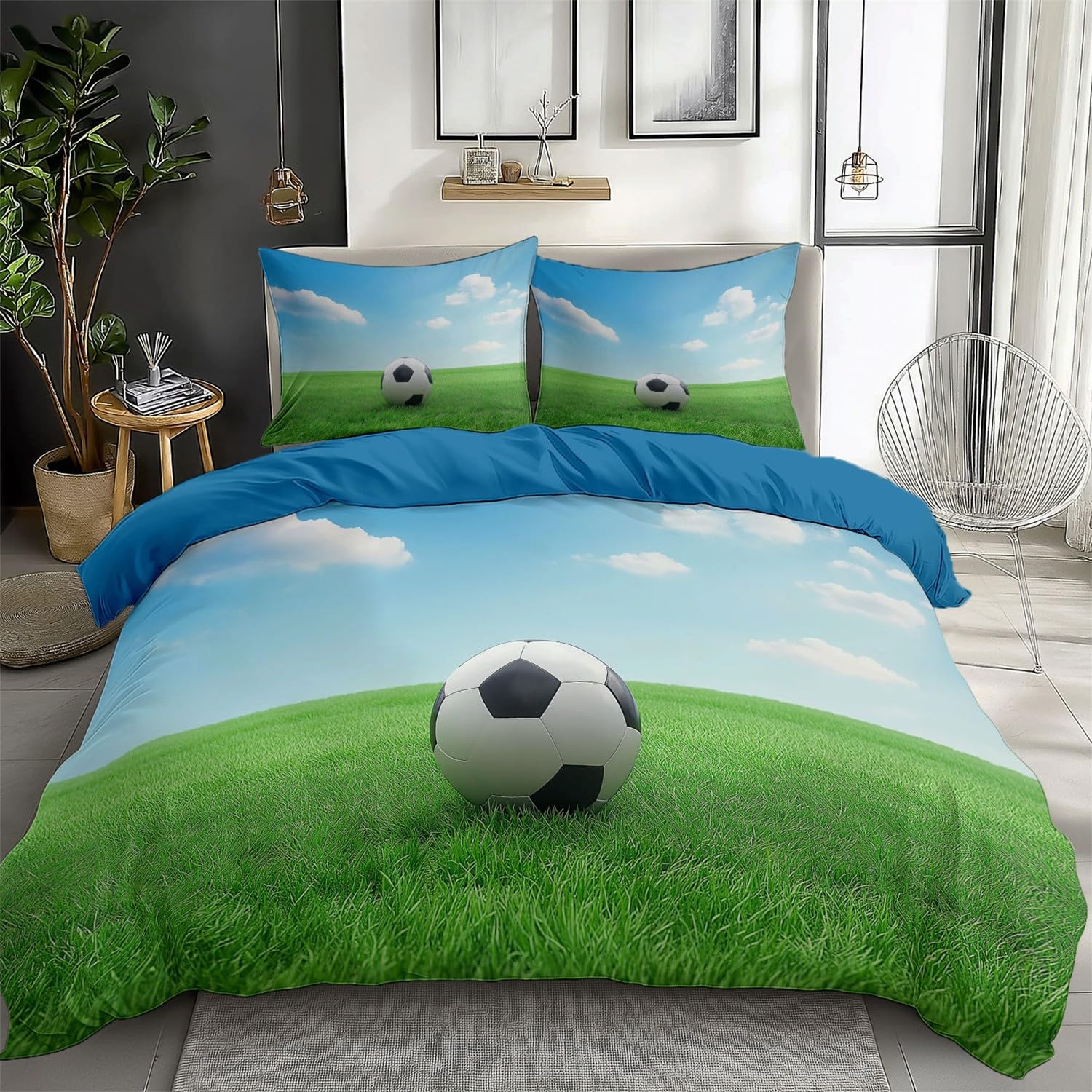 3-częściowy komplet pościeli 180 x 200 cm, sportowa pościel z nadrukiem piłki nożnej, trawy, 100% mikrofibry, miękka, dla dzieci, chłopców i dorosłych, zestaw pościeli z 2 poszewkami na poduszki,