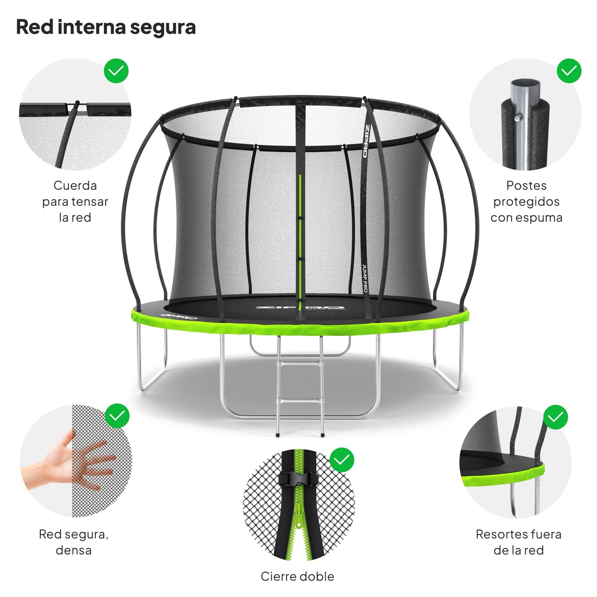 ZIPRO JumpPro Premium Trampolín Exterior, Cama Elástica para Niños, con Red Interna, Resistente, Protección UV, Montaje Fácil, Soporta hasta 150 kg, Ø 252/312/374/435/496 cm