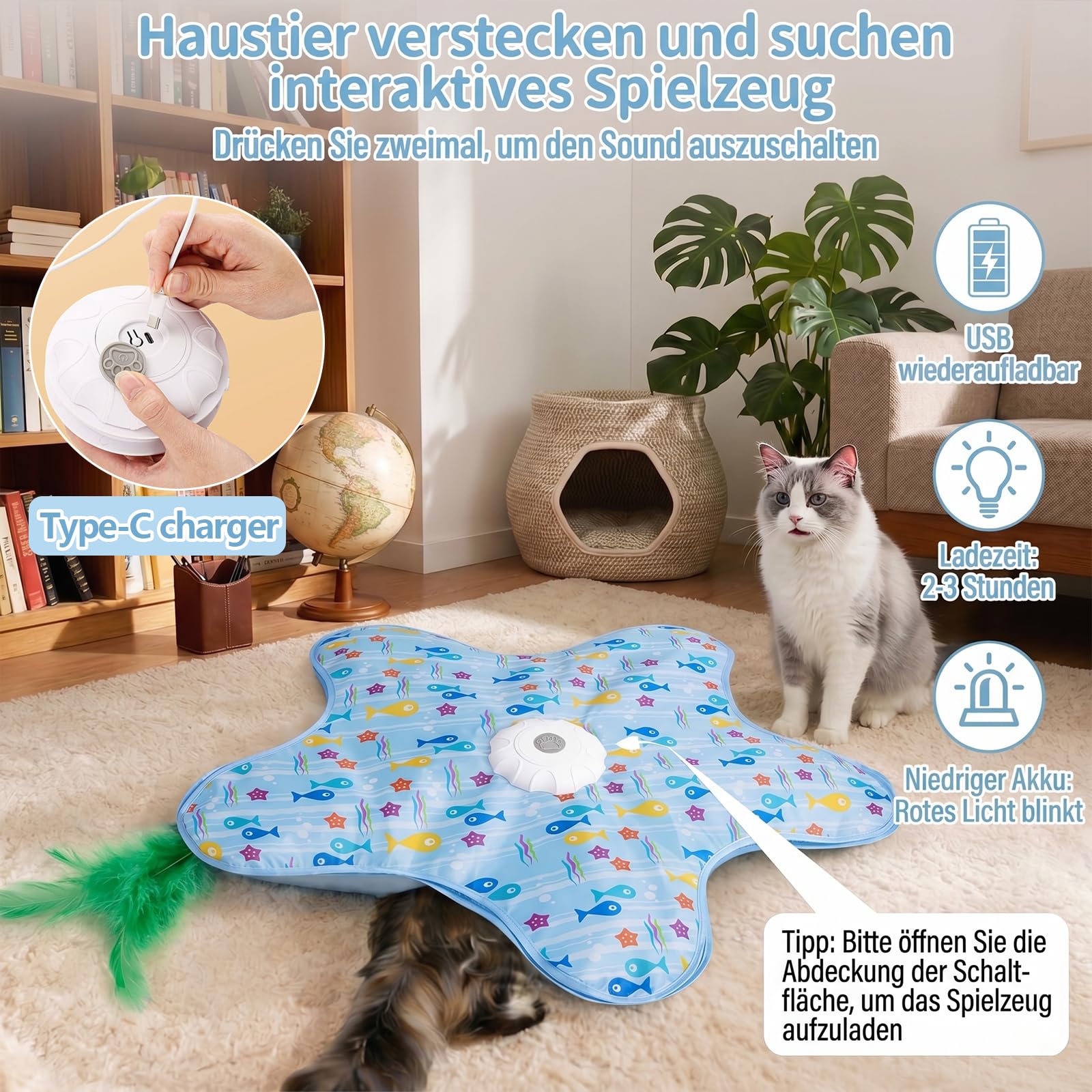 Interaktives Katzenspielzeug Selbstbeschäftigung, Katzenspielzeug Elektrisch mit Versteckspiel, Beweglicher Feder Quietschender Maus, Intelligentes interaktives Katzenspielzeug USB Wiederaufladbar