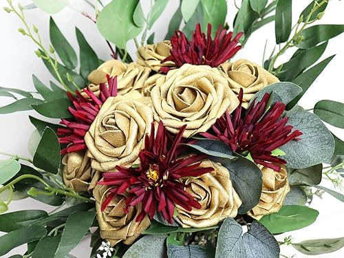 Miniatura 4 de Flores artificiales, 50 unidades, rosas doradas de aspecto real, rosas falsas con tallo para ramos de boda, centros de mesa, fiestas, baby shower,