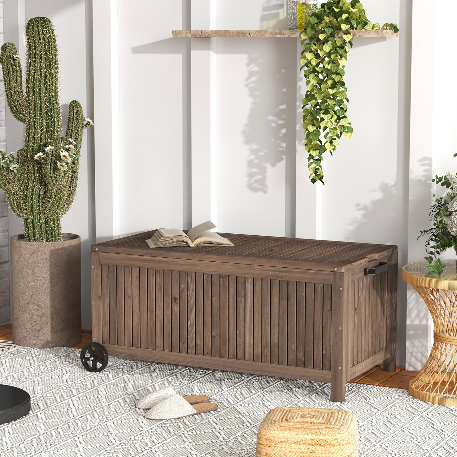 HOMASIS 213L Cassapanca in Legno di Abete, Banco da Giardino con Ruote e Fodera Impermeabile Rimovibile, Scatola di Stoccaggio, Portata 50KG per Terrazzo Balcone, 114x51x58.5 cm