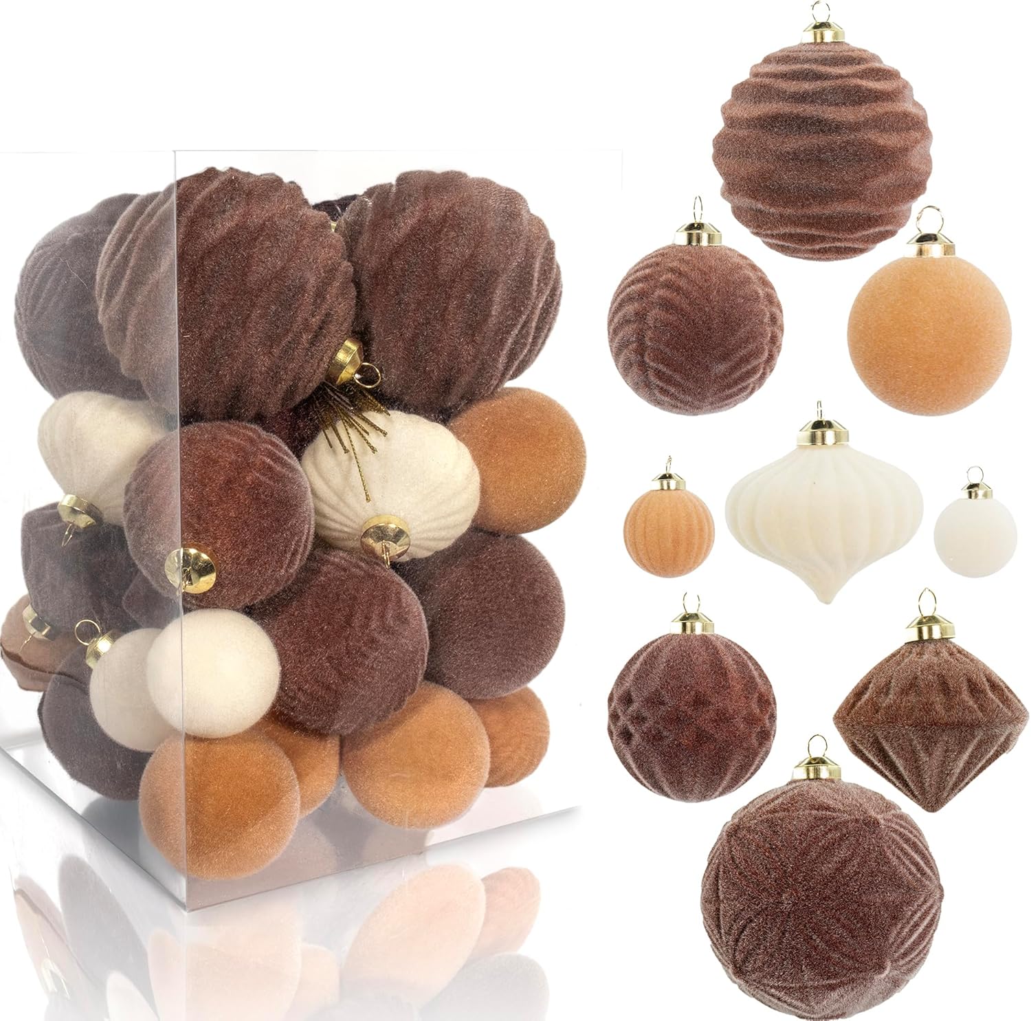 35PCS Velvet Christmas Ball Ornaments, Multi-Color Shatterproof Rustic Farmhouse Christmas Decoration Set, Large Vintage Hanging Ornaments for Xmas Tree, Wedding, Holiday, Party (Dark Brown)