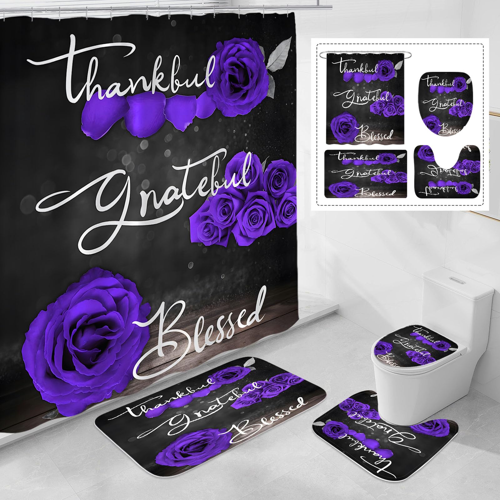 Litabel 4 Pcs Purple Rose Shower Curtain Set with Non-Slip Rugs, Toilet Lid Cover and Bath Mat, Thankful Grateful Blessed Romantic Showy Elegant