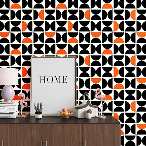 Miniatura 6 de CHIHUT Papel tapiz geométrico para despegar y pegar, 17.7 x 100 pulgadas, semicírculos, extraíble, autoadhesivo, papel de contacto geométrico