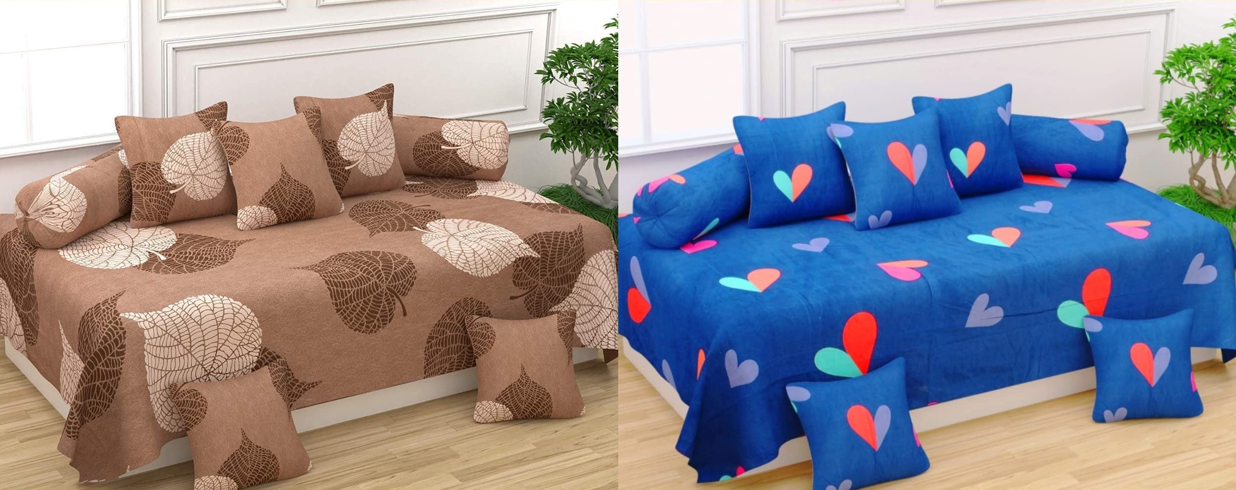 Microfiber Unique Patterns 250TC Diwan Set Covers Pack of 2 Bedsheet with 4 Bolster Covers and 10 Cushion Covers, Multicolor - 60x90 inches-image-35