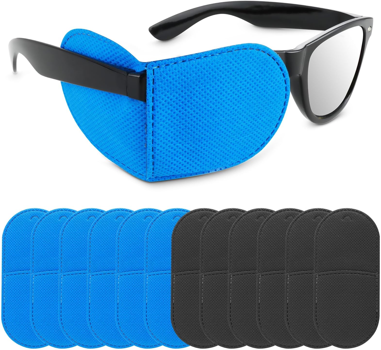 12Pcs Eye Patches for Glasses, Reusable Non-Woven Fabric Eye Patch Medical for Adult Kids Left Right Eye, Eyepatch for Glasses Treat Lazy Eye Amblyopia Strabismus for Left & Right Eyes (Black&Blue)