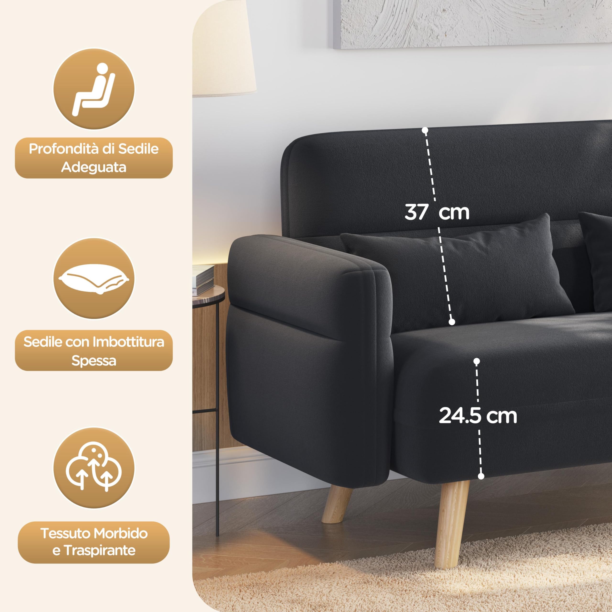 Yaheetech Divano Imbottito a 2 Posti Divanetto in Tessuto con Cuscini Lombari Gambe in Legno Massiccio Divano per Piccoli Spazi Dormitorio Ufficio Camera da Letto Grigio Scuro
