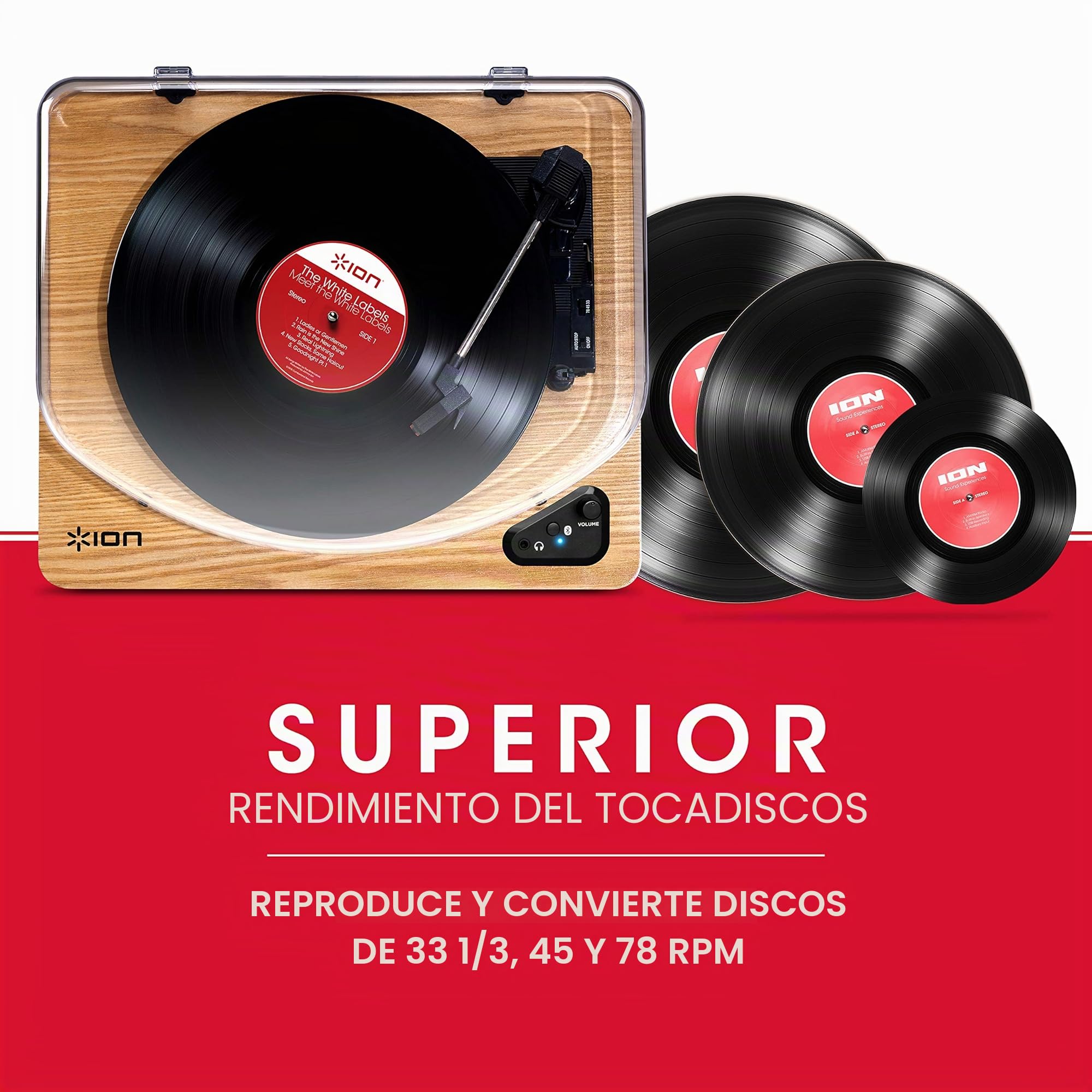 ION Audio Air LP Wood - Tocadiscos de Vinilo Bluetooth - reproducción inalámbrica y conversión de Discos de 3 velocidades - 33 1/3, 45 y 78 RPM, Acabado Madera