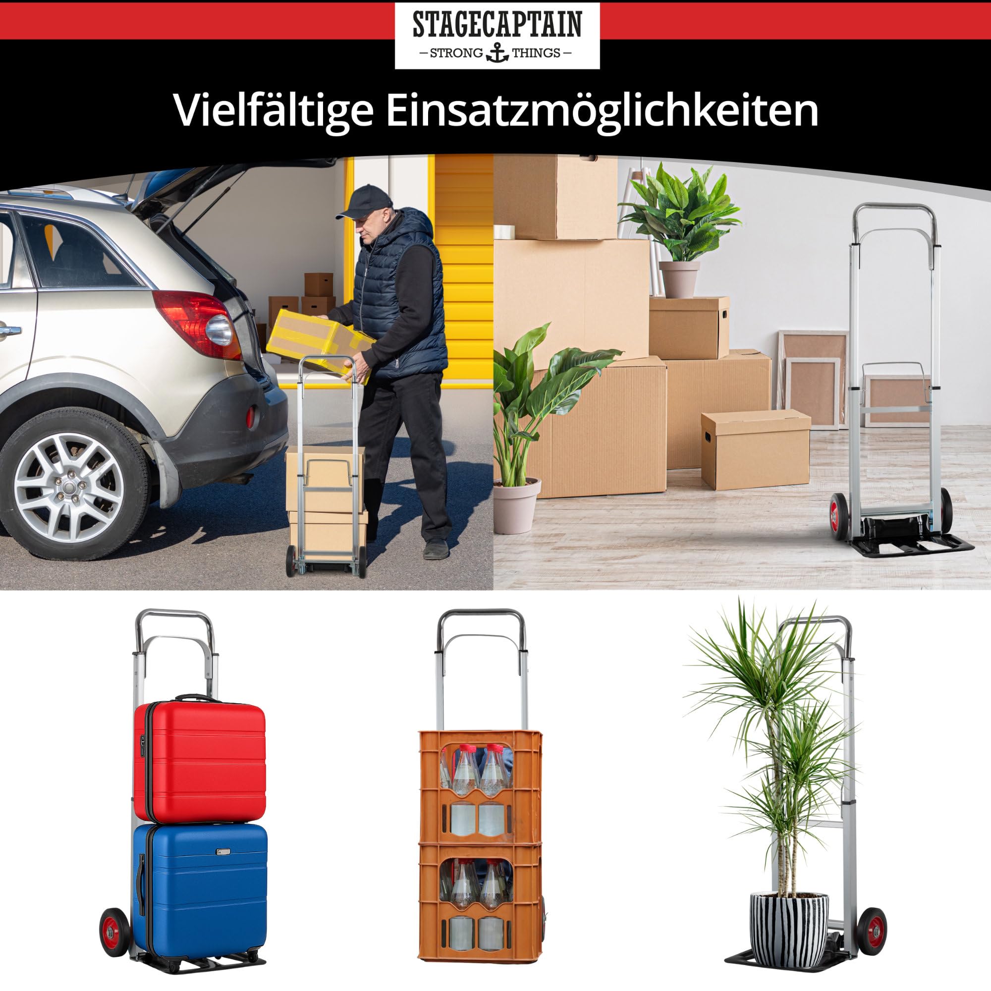Stagecaptain CBF-100 carrello pieghevole in alluminio, leggero, carico 100kg, pala in acciaio, ruote in gomma. Ideale per traslochi, giardino, magazzino, officina, palco. Argento.