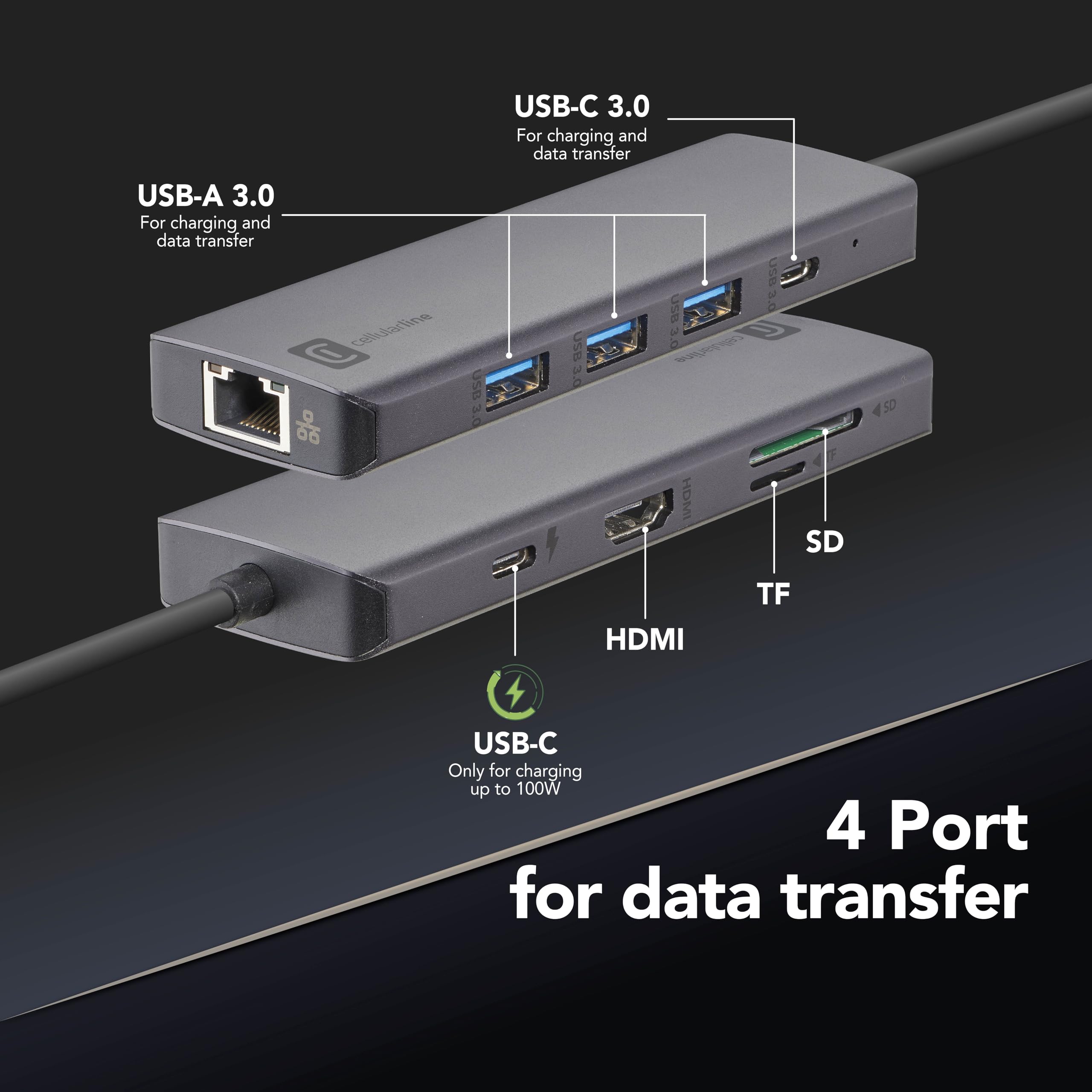 Cellularline HUB PRO 9-portowy koncentrator, ładowanie i transfer danych, 3 porty USB-A 3.0, USB-C Power Delivery do 100 W, HDMI 4K przy 60 Hz, Ethernet LAN, SD i Micro SD, szary metaliczny