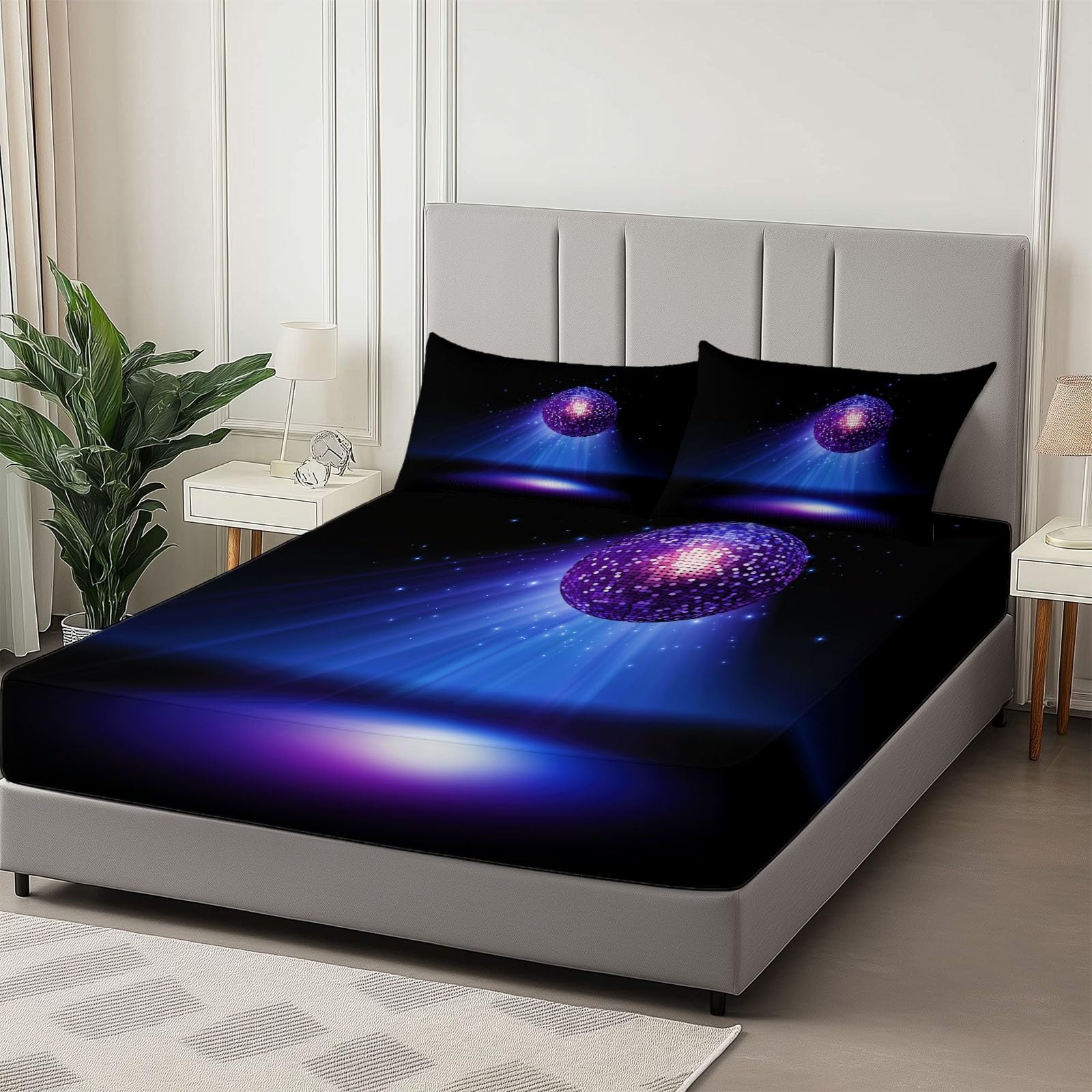 Sábana Bajera Impresas de Microfibra Suave Bola De Discoteca Minimalista con Luz Suave Cómoda Transpirable Tela, Elástico en el Borde Bolsillo Profundo 30cm, 180 x 200 cm, Negro