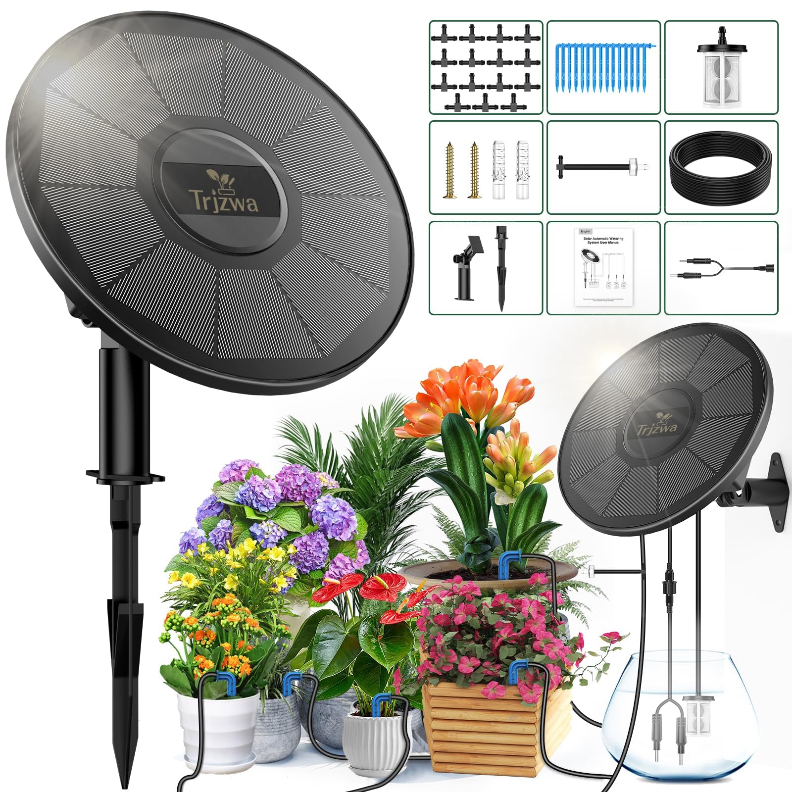 TRJZWA Solar Irrigation System Kit with Early Warning Function,DIY Solar Automatic Drip Irrigation Kits,Programmable Water Timer with 15m Watering Hose and 15 Drippers for Balcony/Garden