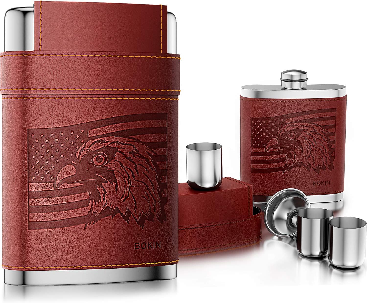BOKIN Pocket Hip Flask 304 Stainless Steel with Funnel and 3 Cups,American Flag Eagle Brown Leather Wrapped,100% Leak Proof for Discrete Liquor, Whiskey, Rum and Shot Drinking,Gift for Man, 8oz