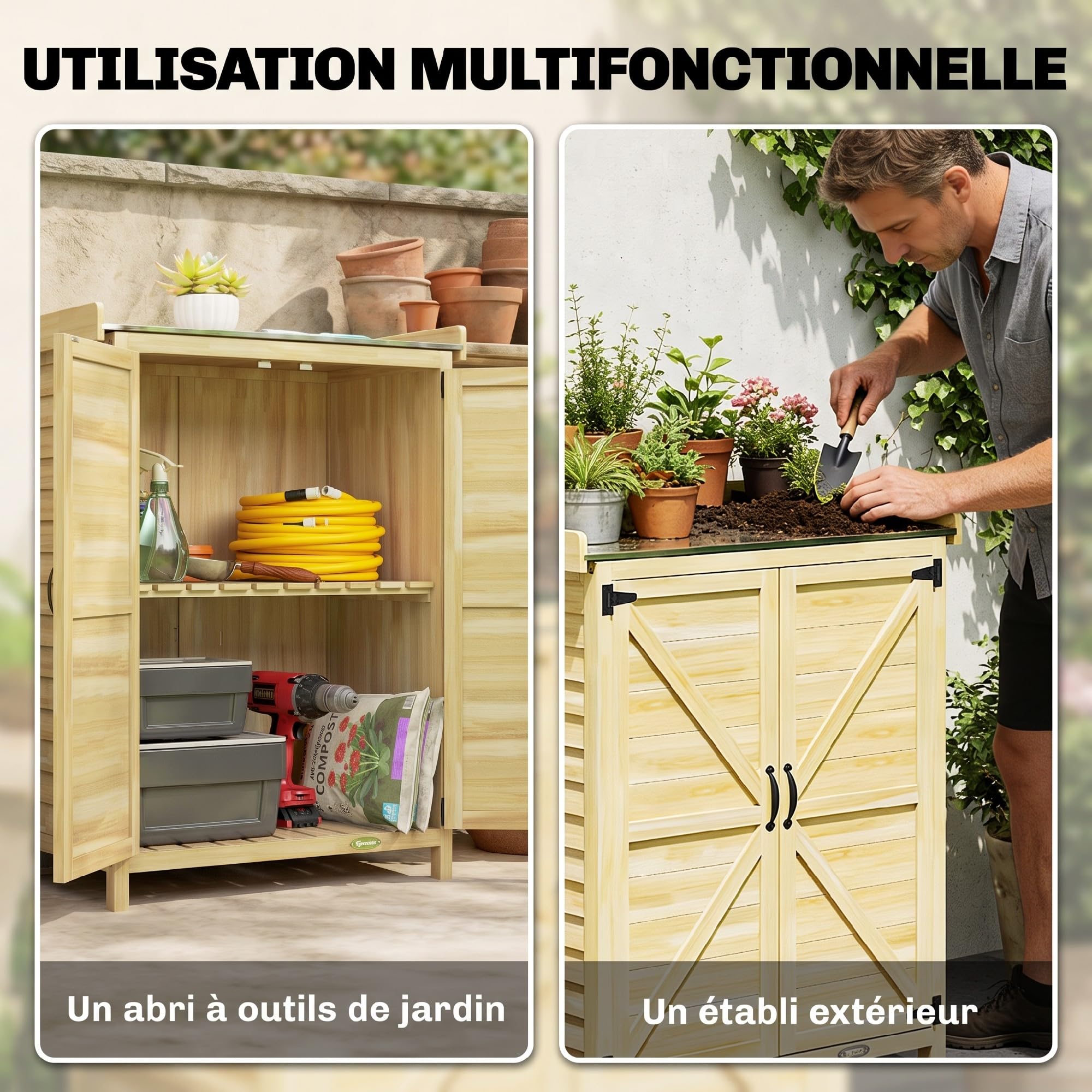 Outsunny Armoire de Jardin en Bois avec Étagère 71,5x39x95 cm Bois Naturel