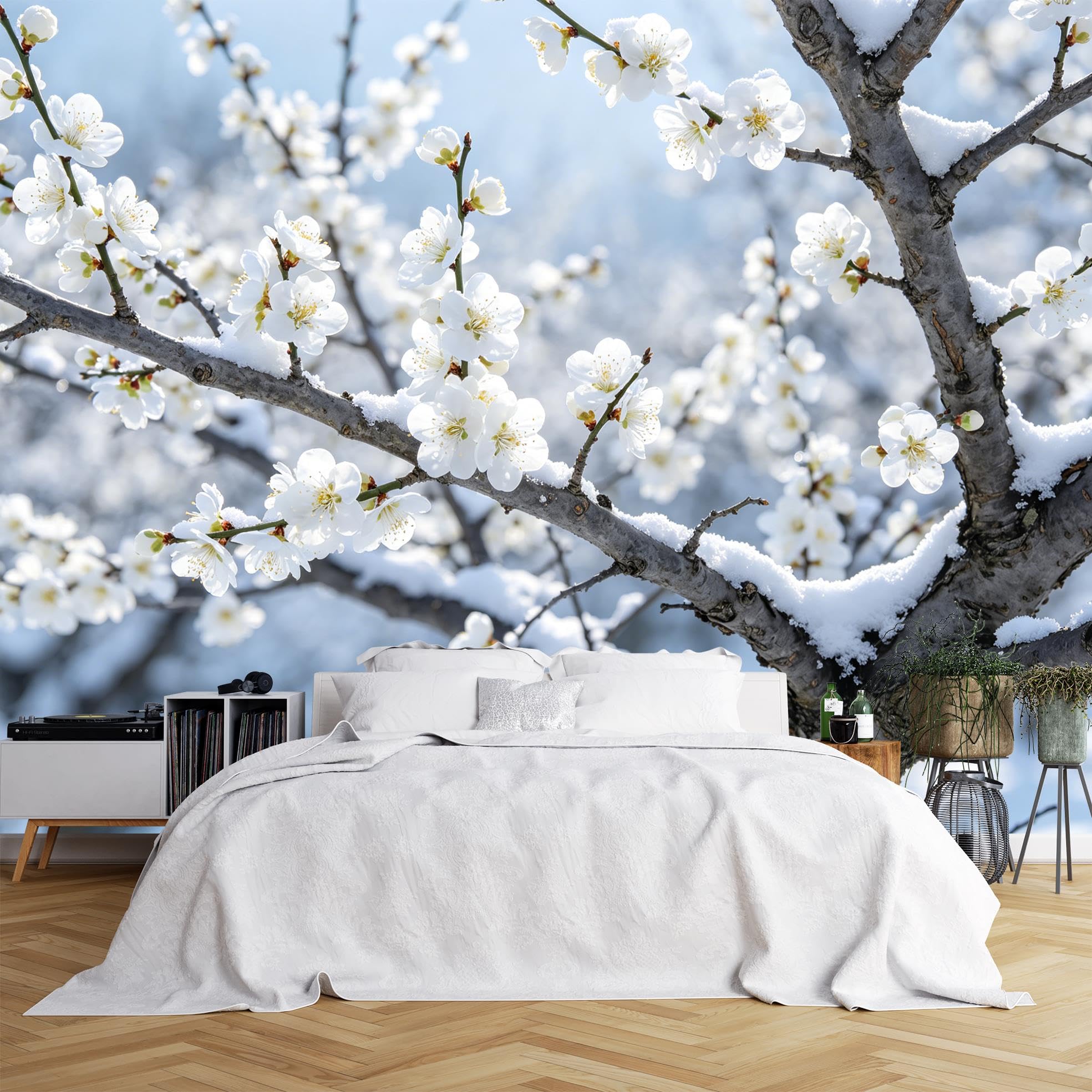 White Blossom Mural Wallpaper, Natural Landscape Peel And Stick Wall Paper 371X280Cm(Wxh) Self Adhesive Removable Waterproof Cottage Style Wallpaper For Bedroom Living Room Home Decor White Blossom 3