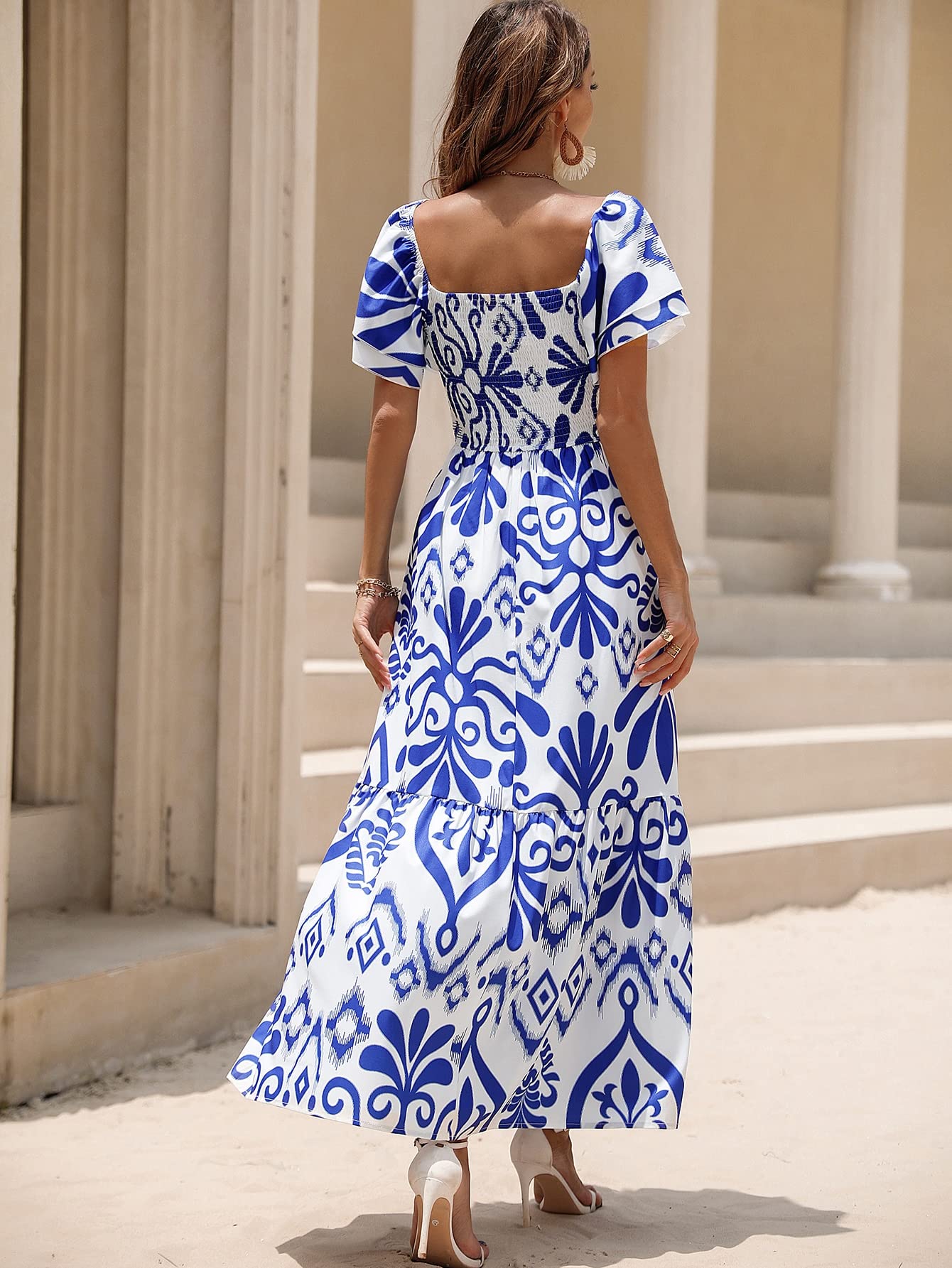 Shasmi Girl's & Women's White And Blue Floral Print Layered Short Sleeve Square Neck Ruffle High Waist A Line Summer Long Maxi Dress With All Over Print Outfit (Dress 228 Blue-S)