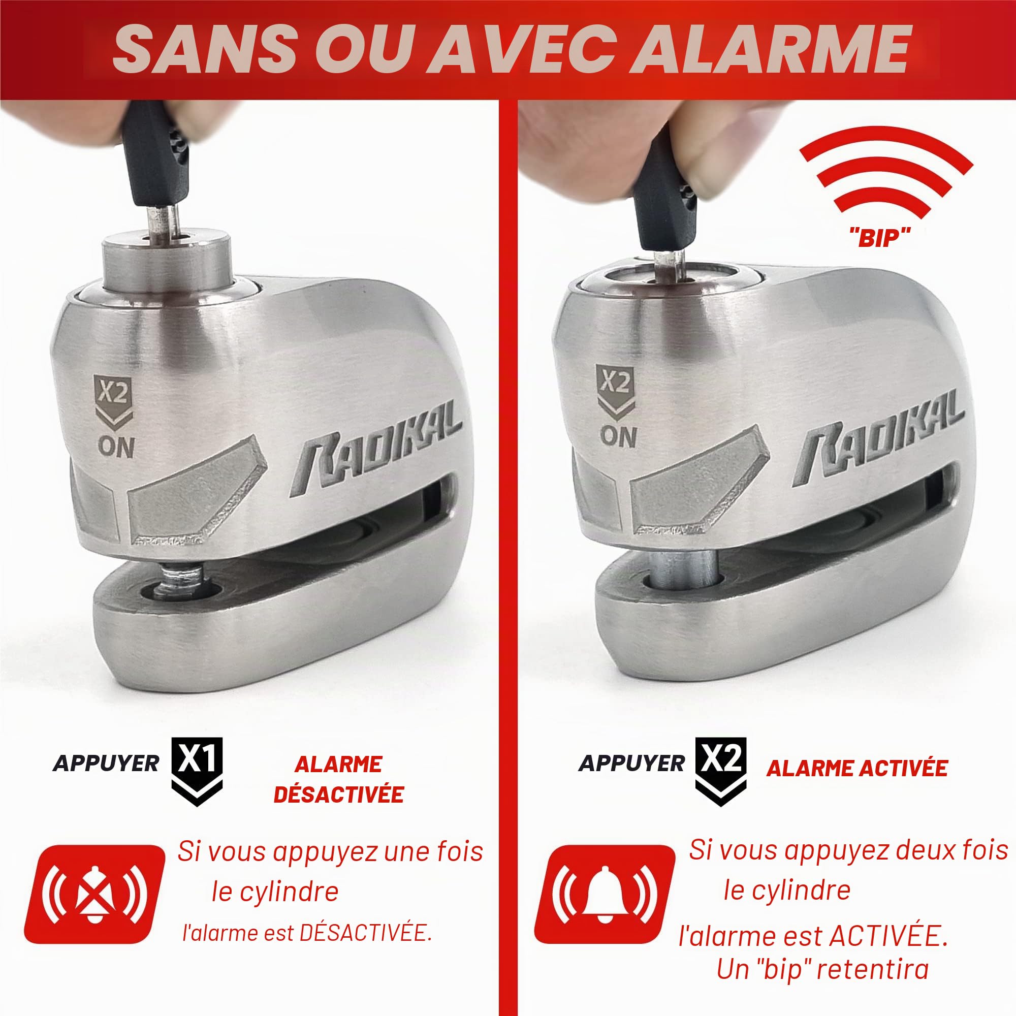 RADIKAL RK910S Antivol Moto Homologué SRA, Bloque Disque Alarme Premium X2-ON, Serrure Haute Sécurité Anti-Perçage Anti-Crochetage, Double Verrouillage 10mm, Bloc Acier Inox Anti Vol pour Moto Scooter