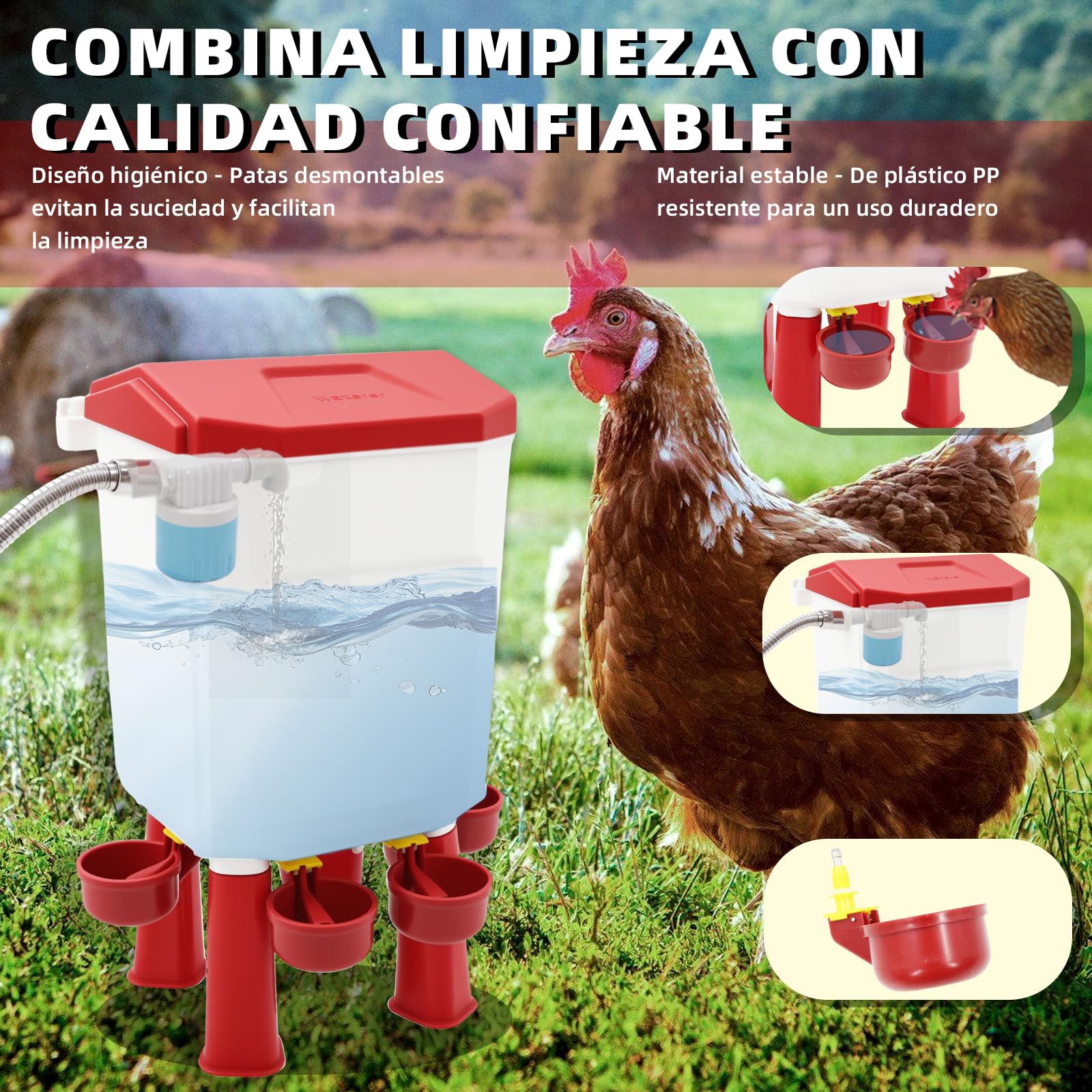 Bebedero automático de 7 litros, bebedero independiente para pollos para patos y gansos, alimentación colgante por gravedad, accesorios de cría de pollos, incluye accesorios