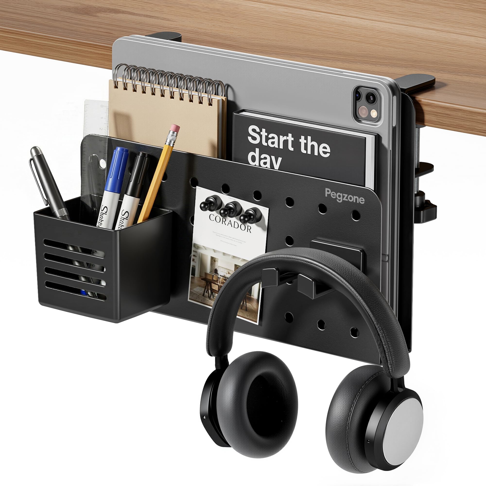 Supporto da scrivania laterale, supporto per computer portatile, organizer da scrivania con design a pannello forato, capacità di carico 10 kg, nero