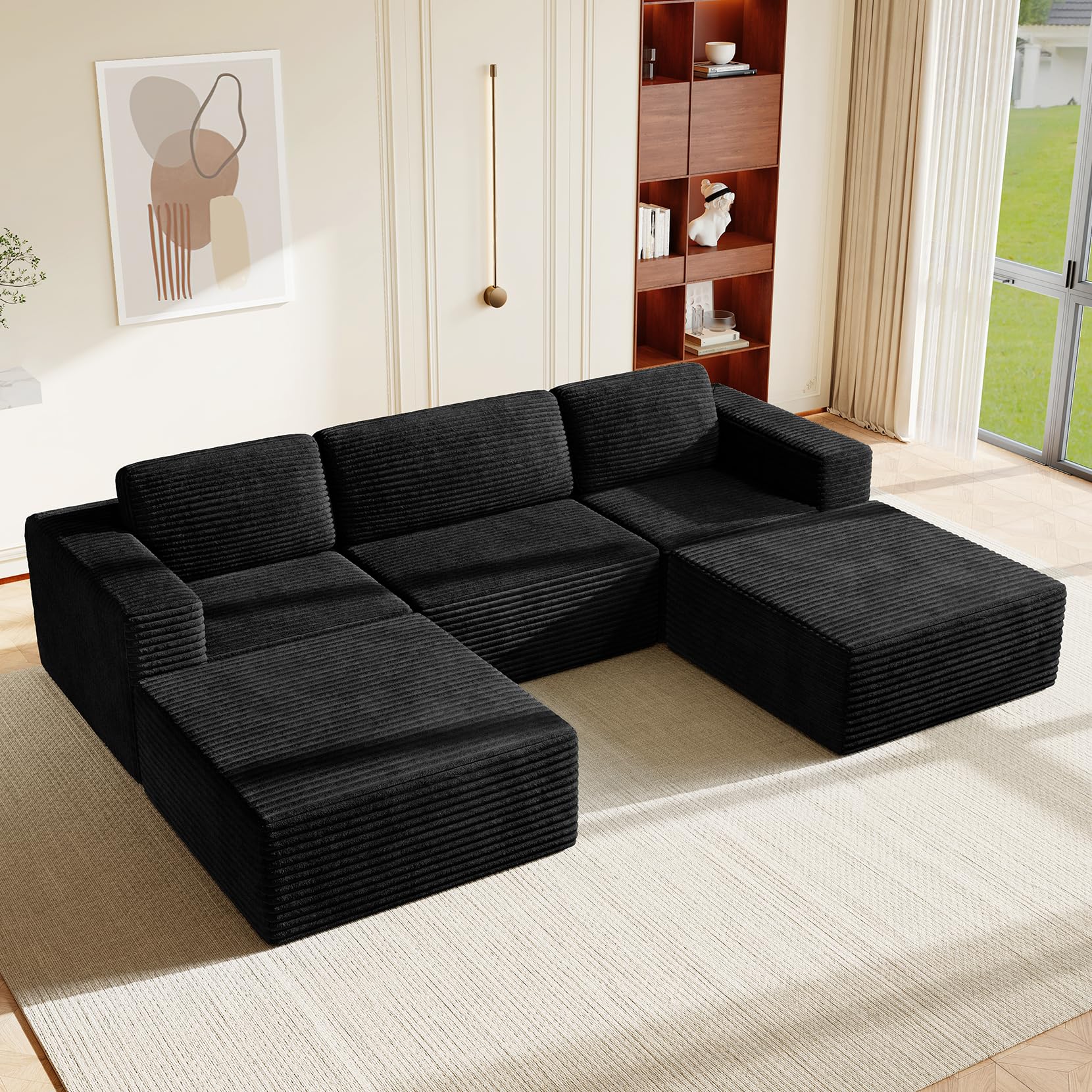 Vesgantti 119" Oversized U-Shaped Modular Sectional Sofa, Corduroy Cloud Couch with Deep Seating & Spring Support, Convertible Sofa with 2 Ottomans, Boneless Couch, No Assembly Required, Black