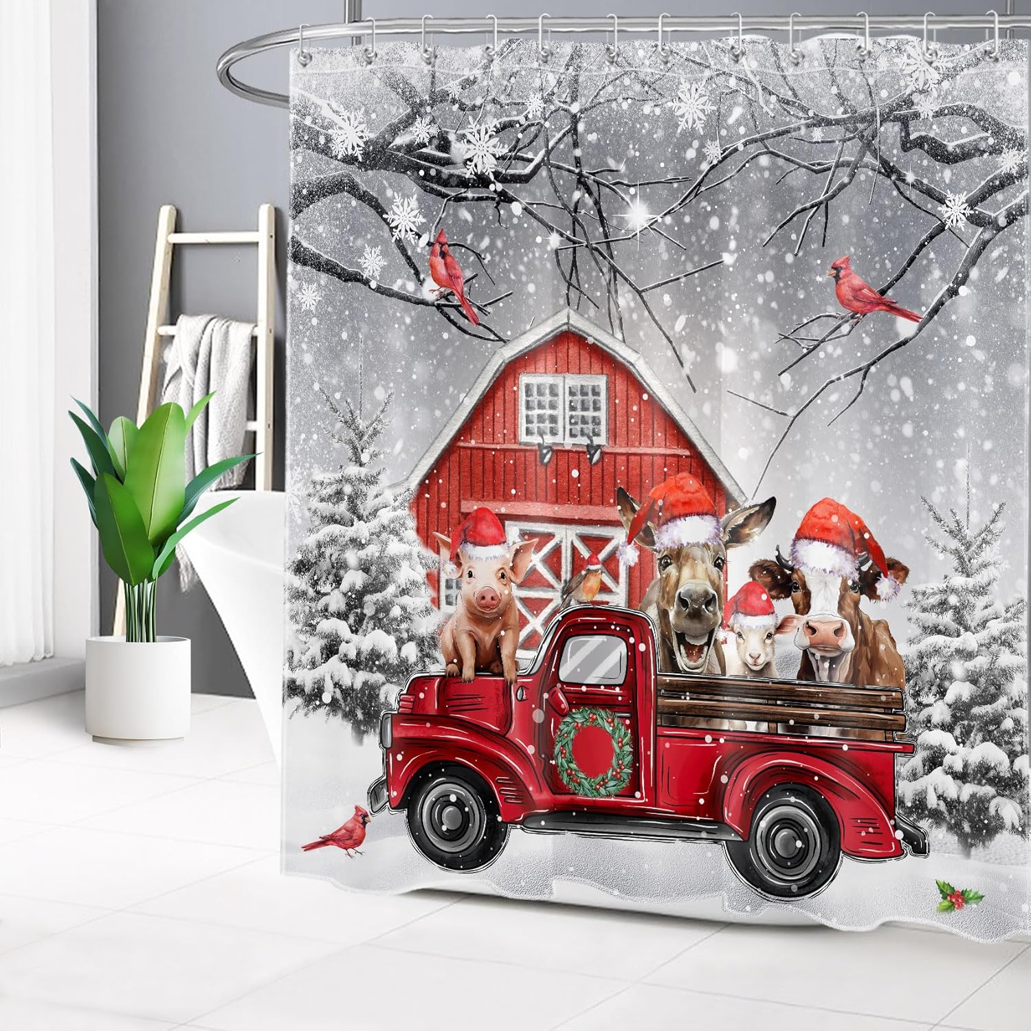 LB Christmas Red Truck Shower Curtain Sets with Rugs Farm Animal with Xmas Hat and Cardinal with Pine Tree Fabric Shower Curtain with Hooks Grey Snow Scene Bathroom Curtains Shower Set, 70x70 inches