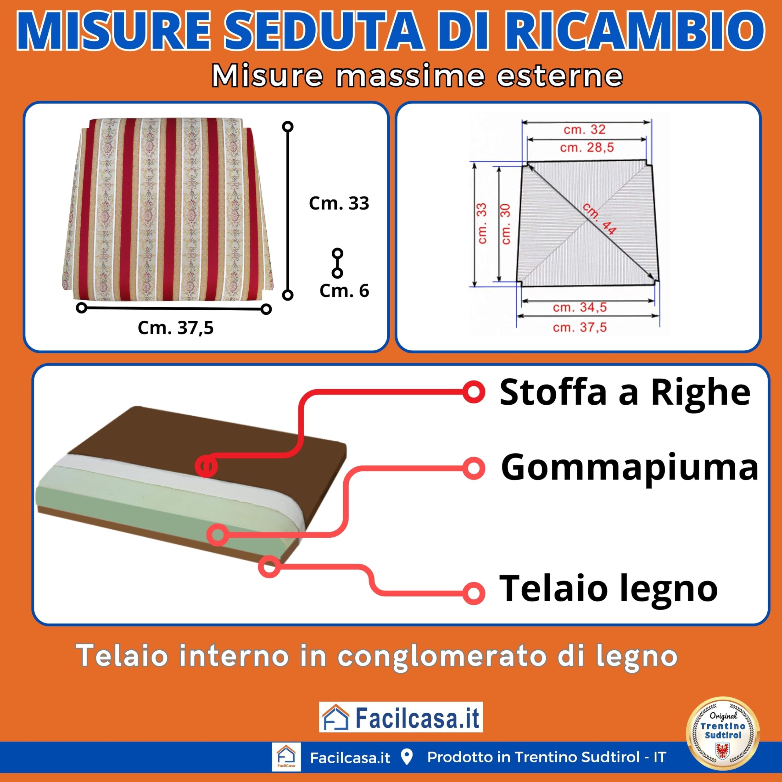 FacilCasa 2x Sedute in Stoffa per Sedie, Fondo Ricambio Seduta con Gommapiuma e Stoffa a Righe Rosso Stile Impero, con Telaio Legno Robusto (37,5x33 x h6) - Modello Classico