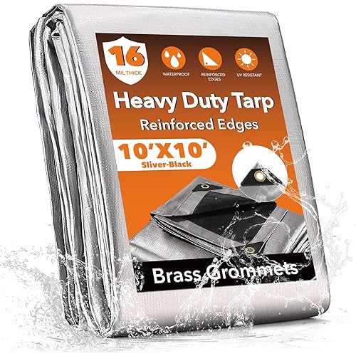 10x10FT Waterproof Tarp, Yumatum 16 Mil Heavy Duty Tarps with Reinforced Edges/Brass Grommets, 100% UV Blocking/Tear Resistant Poly Tarp for Camping, Patio, Tent, Boat(Silver/Black)