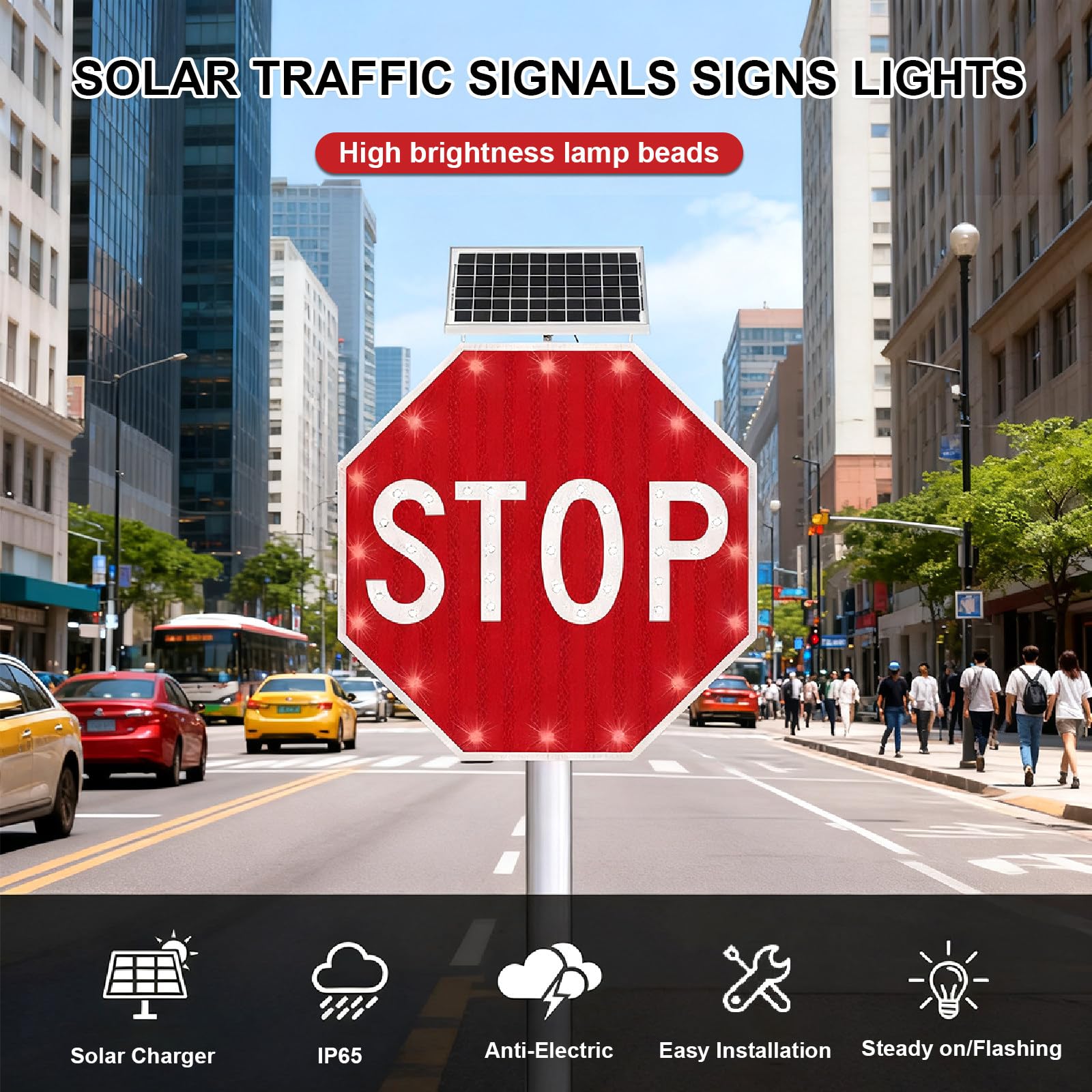Señal De Stop Intermitente - Señal Led Solar De 24/31 Pulgadas, con Película Reflectante De Grado Industrial, Señal De Tráfico Octagonal De Aluminio - para Estacionamientos 24x24in