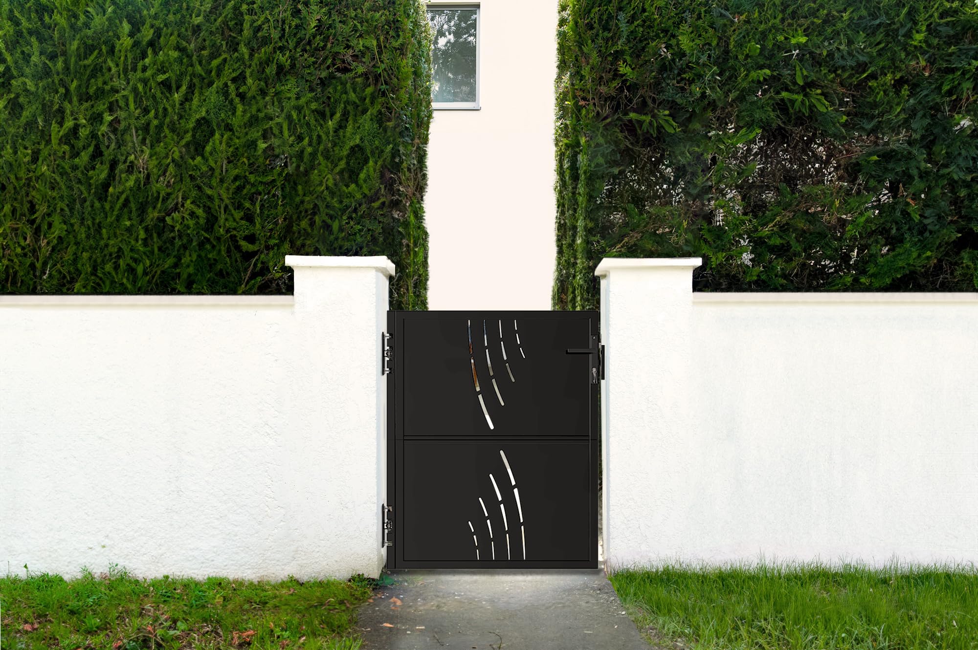 CASANOOV Portillon Acier NALI VELETA 1m H120cm Noir Mat - Portillon Jardin Design Motif Nature - Porte Jardin Acier Galvanisé Résistant Corrosion Chocs - Portillon Extérieur Sécurisé Kit Complet