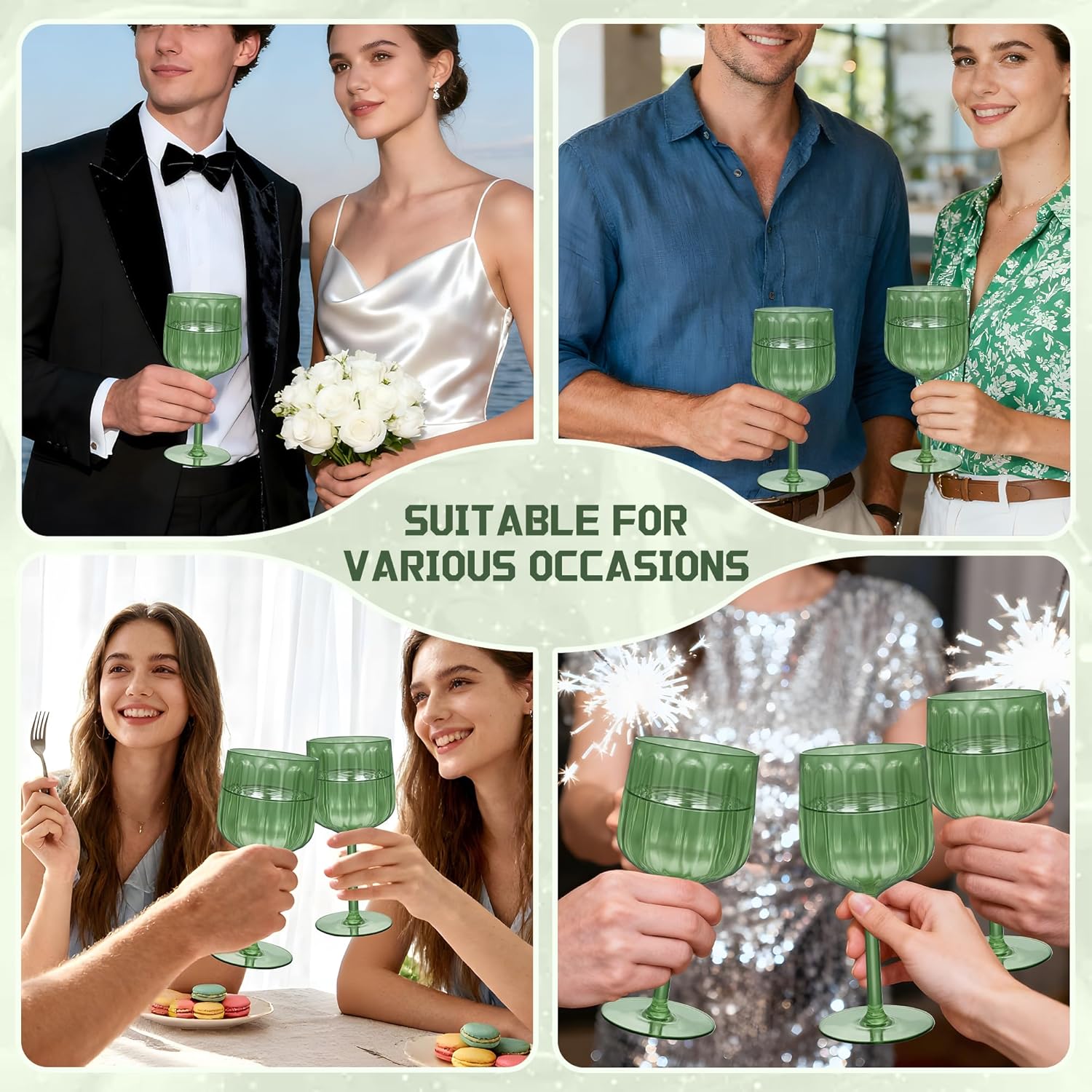 Plastic Wine Glasses 14oz Set of 6, Vintage Goblets Unbreakable Reusable BPA-Free Stemmed Drinking Glasses for Parties, Weddings & Events Petal-Patterned (Green) - Image 6