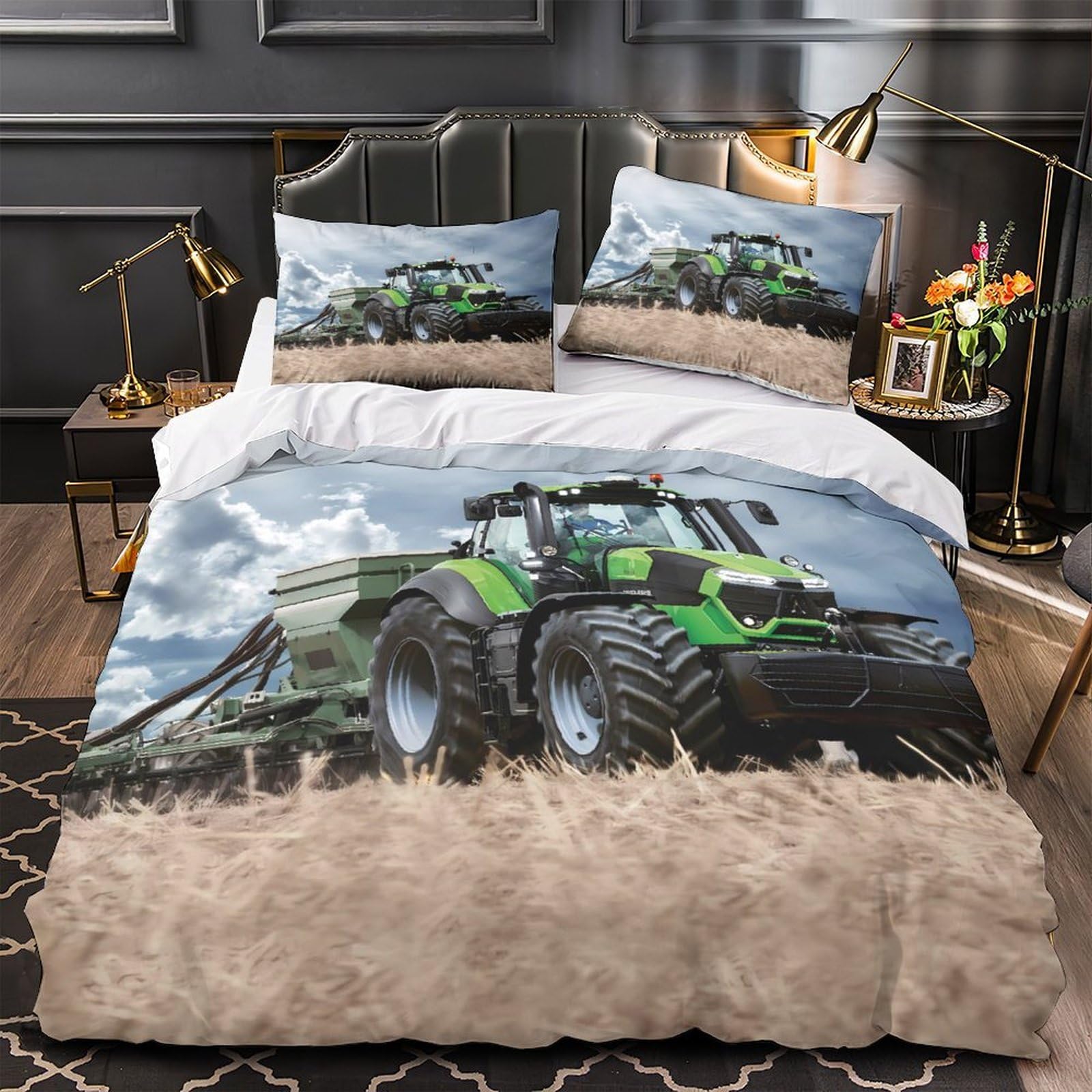 MMDASBVPE Green Tractor Farming Duvet Cover 3D Print All Season 3-Piece Bed Set Hidden Zipper Quilt Cover Hotel Quality Washable for Adults Teens Women Kids Youth Teenagers Single（135x200cm）