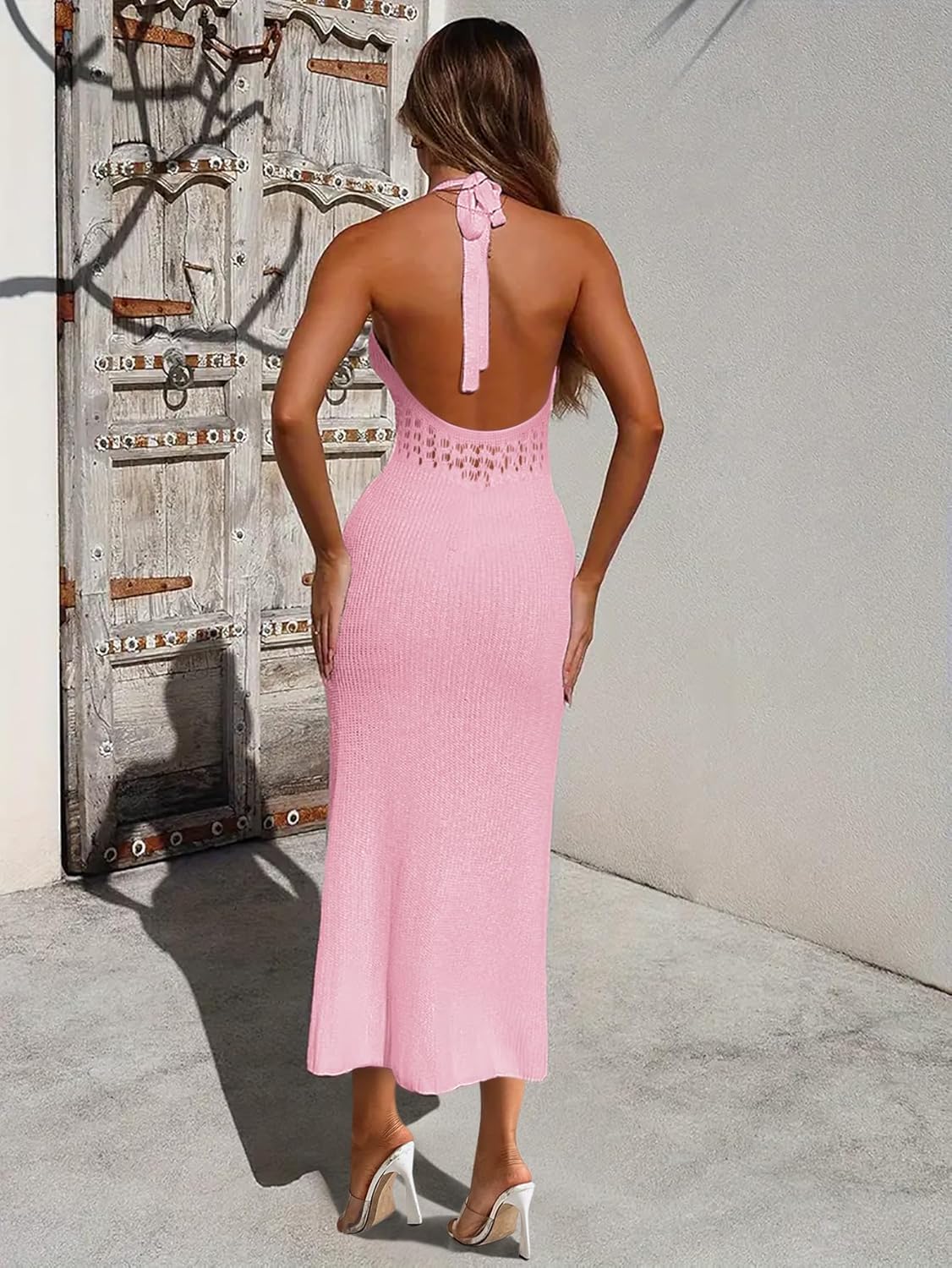 Womens Crochet Sheer Knit Slim Fit Beach Midi Dress Summer 2025 Sexy Halter Backless Slit Bathing Suit Cover Up - Image 3