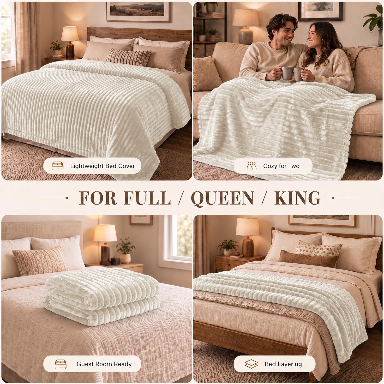 HIMEET Beige King Size Blanket for Bed, 300GSM Ribbed Fleece, 108 x 90 in view 4