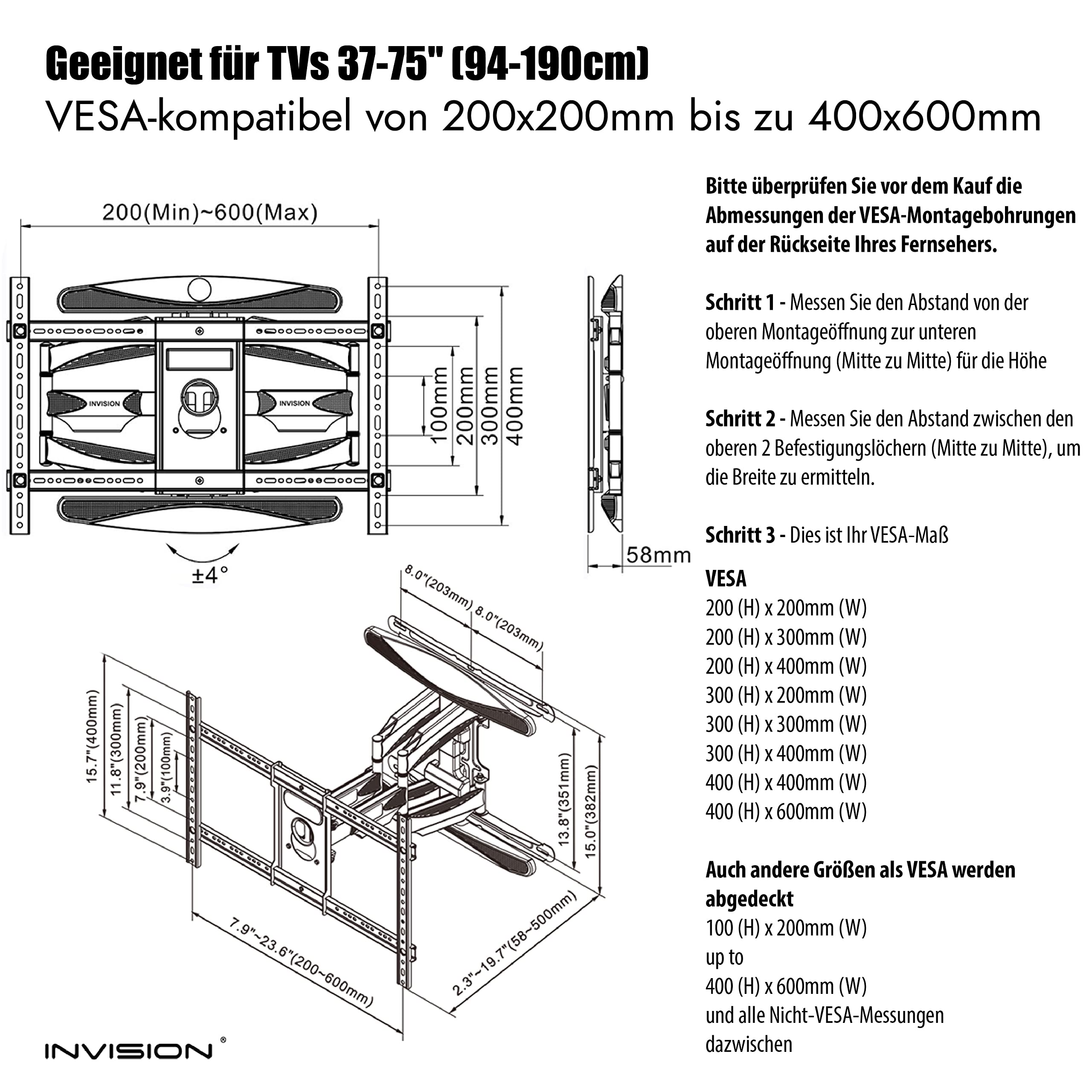 Invision TV Wandhalterung 37-75 Zoll Schwenkbar Neigbar Ausfahren VESA 200x100-600x400mm 50kg