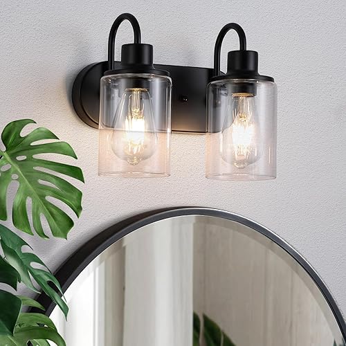 Lámpara de baño negra mate sobre espejo, lámpara de tocador de baño de 2 luces con pantalla de vidrio transparente, apliques de pared modernos de