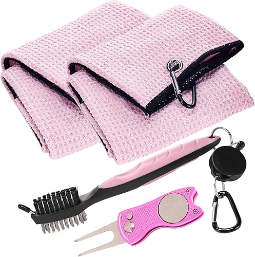 Miniatura 8 de Aulock Golf Towel and Brush Set, Microfiber Towels for Golf Bags, Women Cleaning Kit with Ball Marker Golf Divot Tool Brush, Pink Rosa