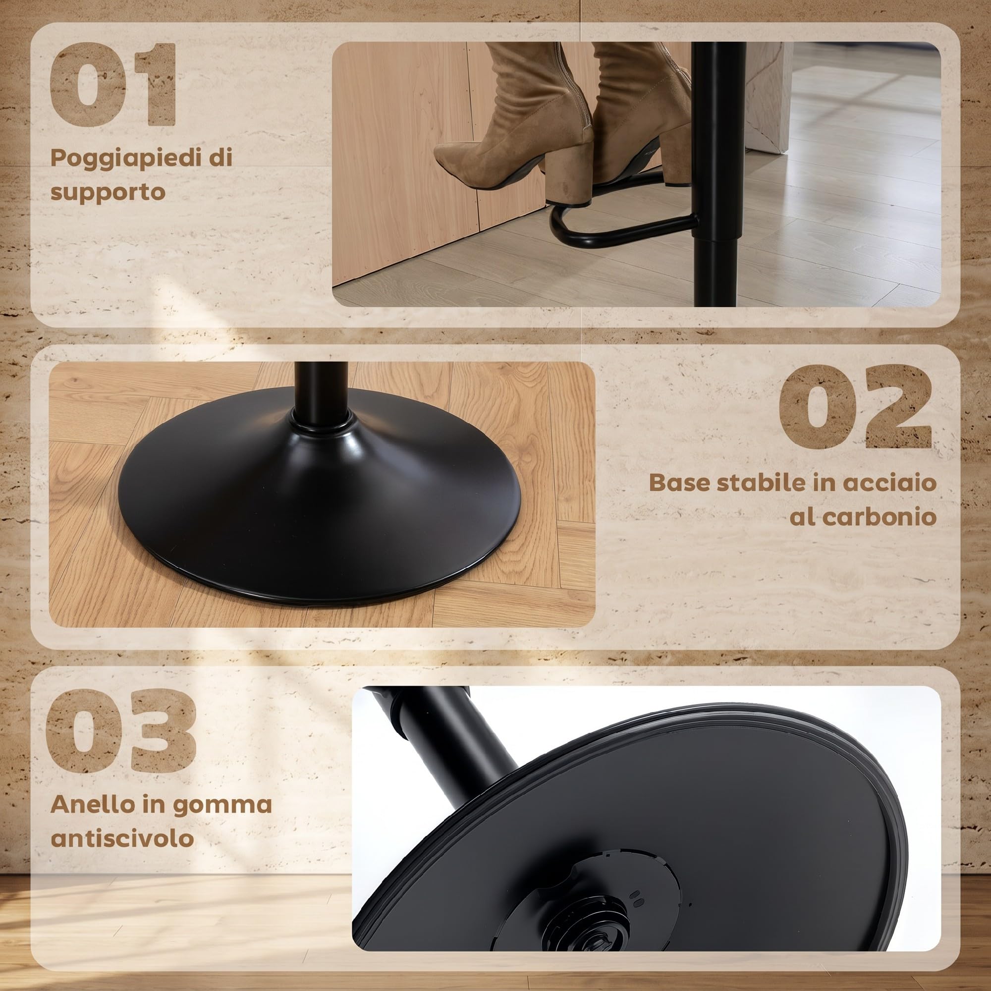 HOMCOM Set 2 Sgabelli Bar in PU Girevoli a 360° con Altezza Regolabile, Sgabelli Cucina Alti con Seduta Morbida, Poggiapiedi, Schienale, Struttura in Acciaio, Sedie Bar per Penisola Cucina, Crema