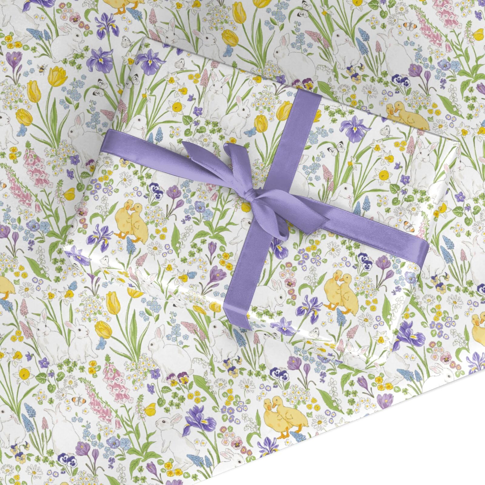 Easter Wrapping Paper - Spring Floral Bunny Design Gift Wrap, Premium Recyclable Present Wrap for Kids, Family and Friends - by Dyefor - 2 Sheets (50x70cm)