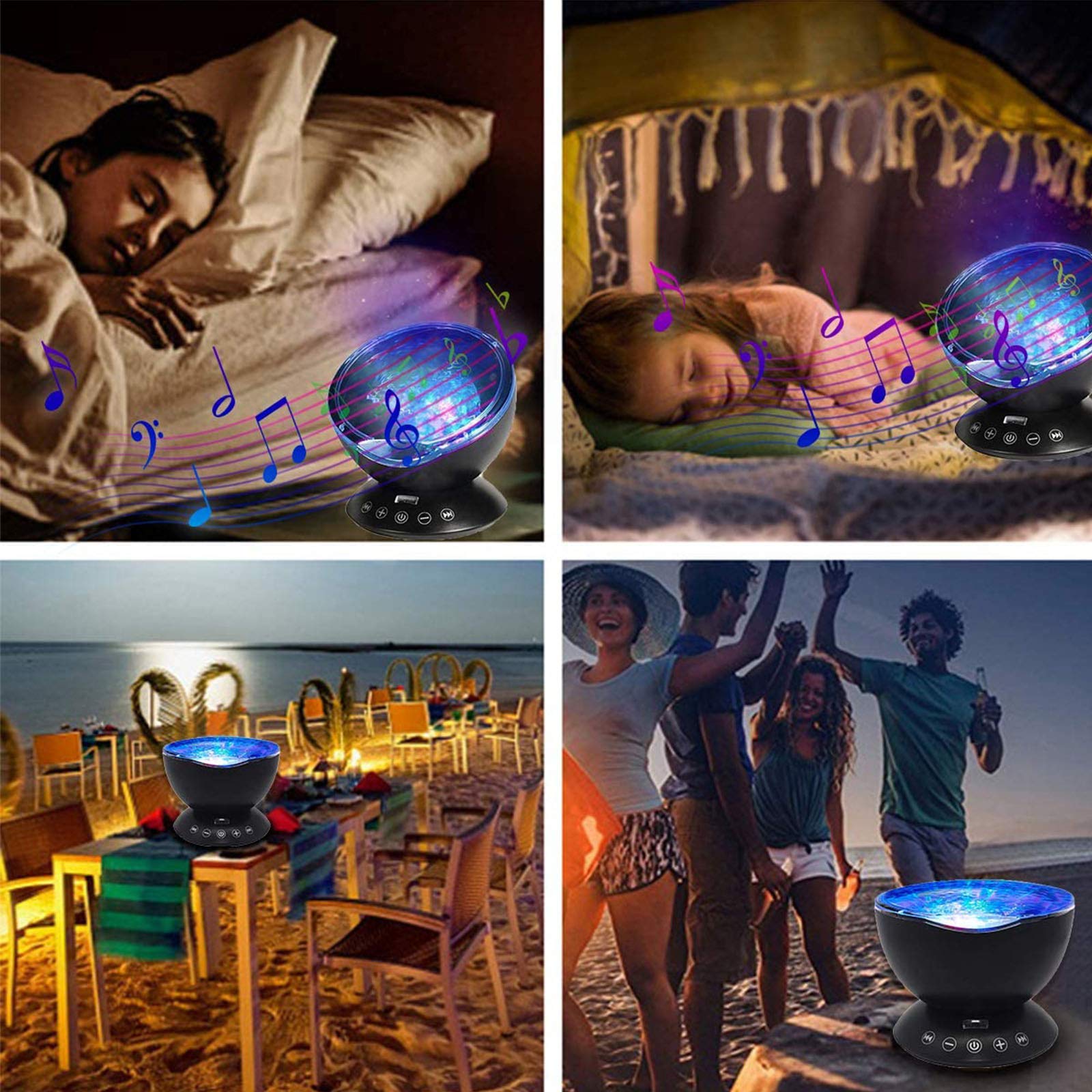 Lámpara De Proyector Ocean, Luces De Atmósfera De Luz Nocturna LED con Altavoz De Música/Control Remoto para Dormitorio De Niños, Sala De Estar, Fiesta, Cumpleaños,Negro