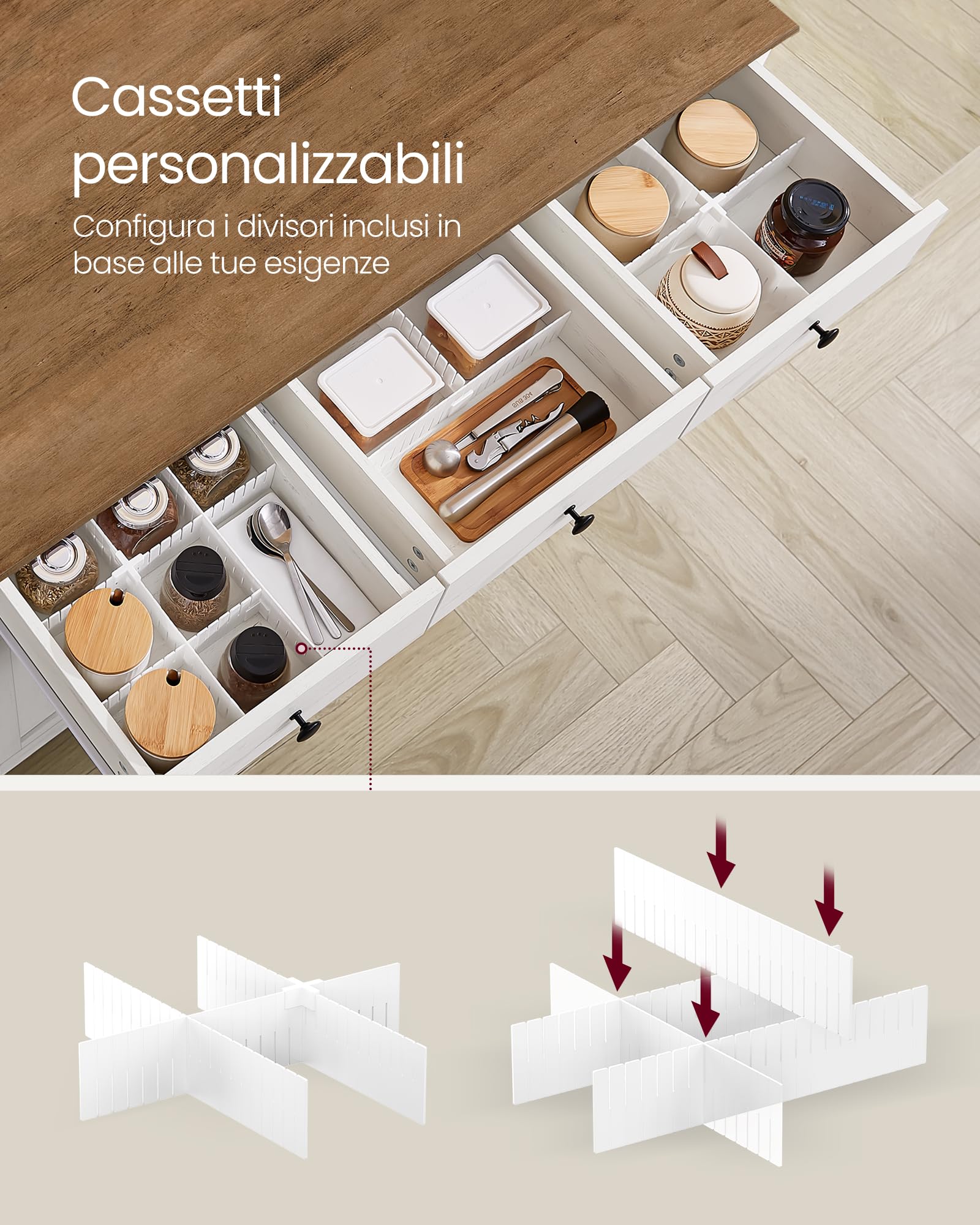 VASAGLE Mobiletto da cucina, credenza con cassetti, armadietto portaoggetti con ante, ripiano regolabile, stile rustico, per soggiorno, cucina, 40 x 114,5 x 80 cm, bianco vintage e marrone miele