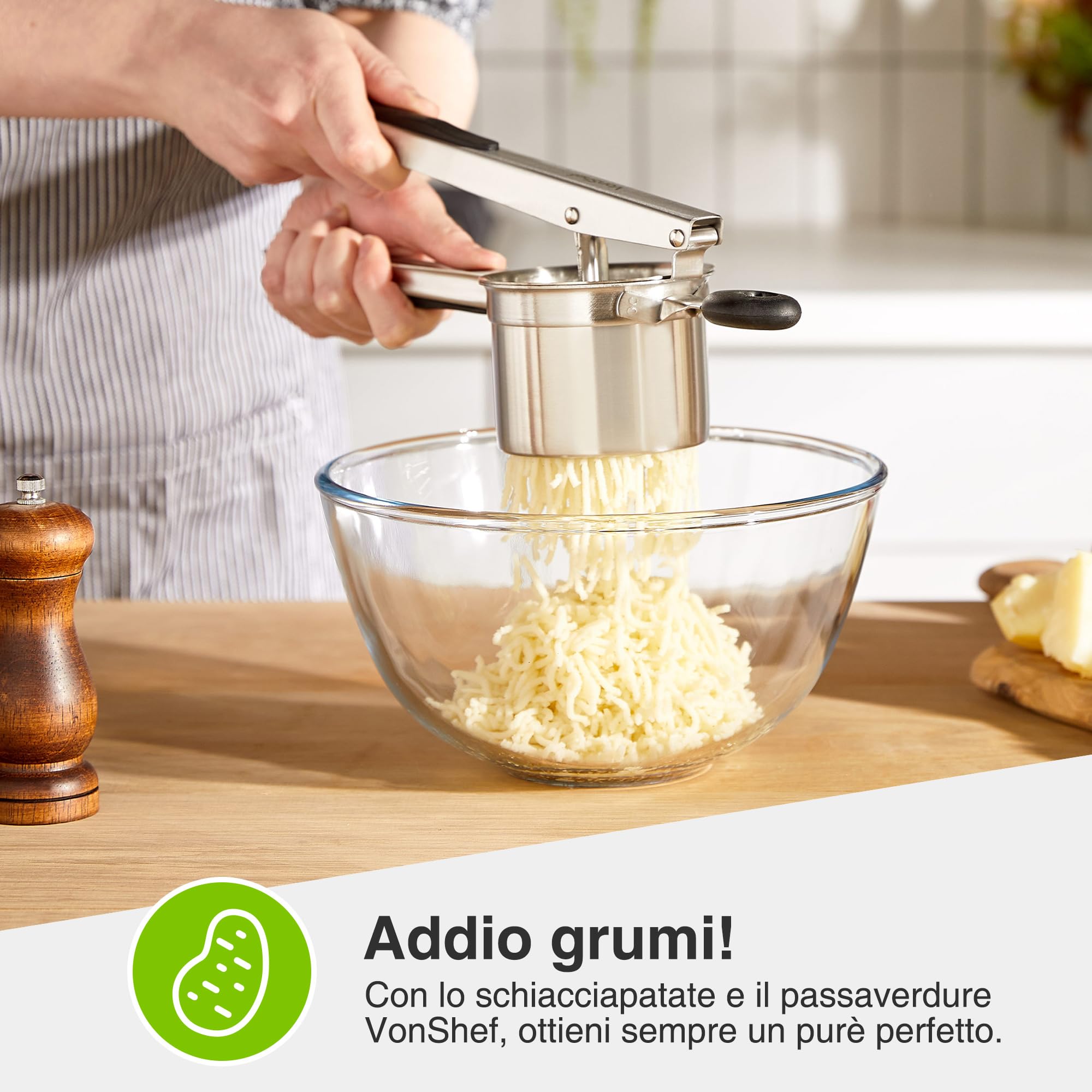 VonShef Schiacciapatate Acciaio Inox per Uso Alimentare con Manico in Silicone, Schiaccia Patate, Frutta e Verdura Lavabile in Lavastoviglie