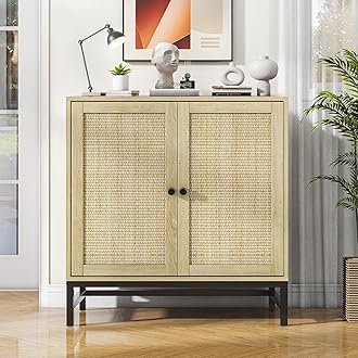 ZLWJGYCredenza Rattan Buffet Cabinet, Small Sideboard Storage Accent Cabinet with 2 Doors, 31.5" Large Mid Century Modern Console Table for Kitchen, Living Room and Dining Room, Natural