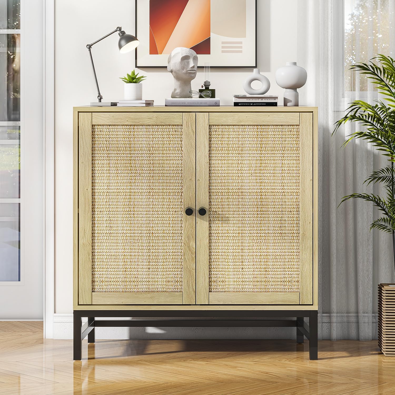 ZLWJGYCredenza Rattan Buffet Cabinet, Small Sideboard Storage Accent Cabinet with 2 Doors, 31.5" Large Mid Century Modern Console Table for Kitchen, Living Room and Dining Room, Natural