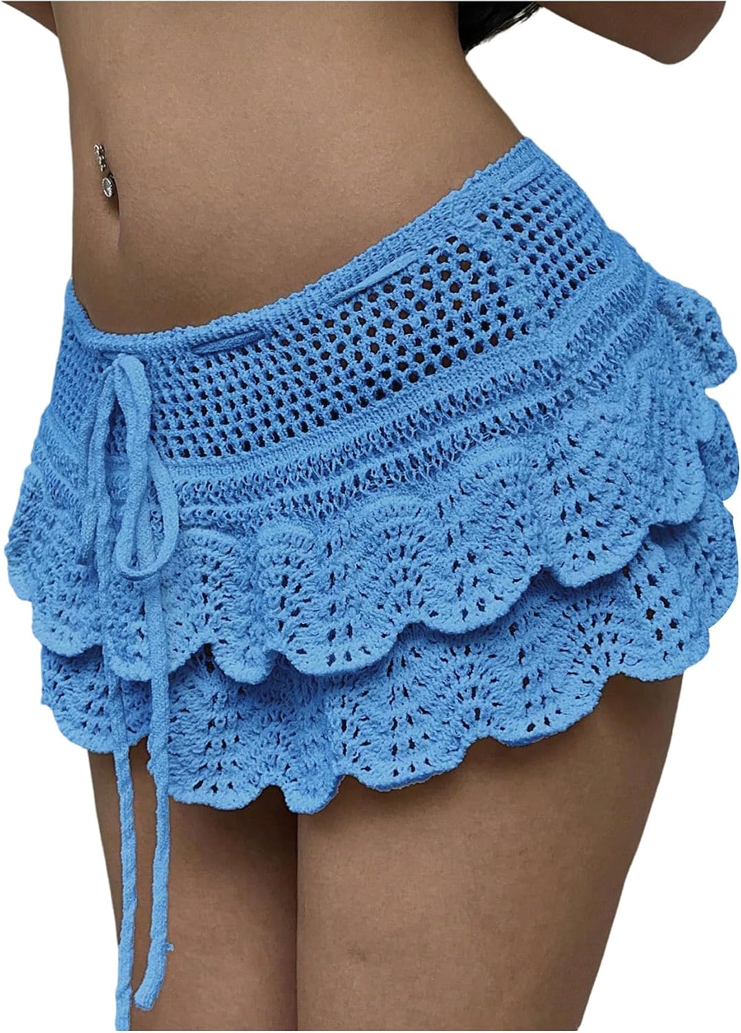 Milumia Women's Drawstring Layered Crochet Mini Skirt Low Waist Scallop Trim Beach Skirts