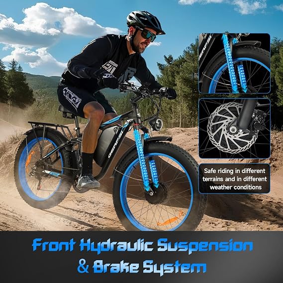 3000W Peak Dual Motor Electric Bike 48V 25Ah Removable Battery 35MPH ShiMN 7 Speed Ebike for Adults 264.0 Fat Tires Hydraulic Disc Brakes Full Suspension Ebike for Snow City Commuting UL2849