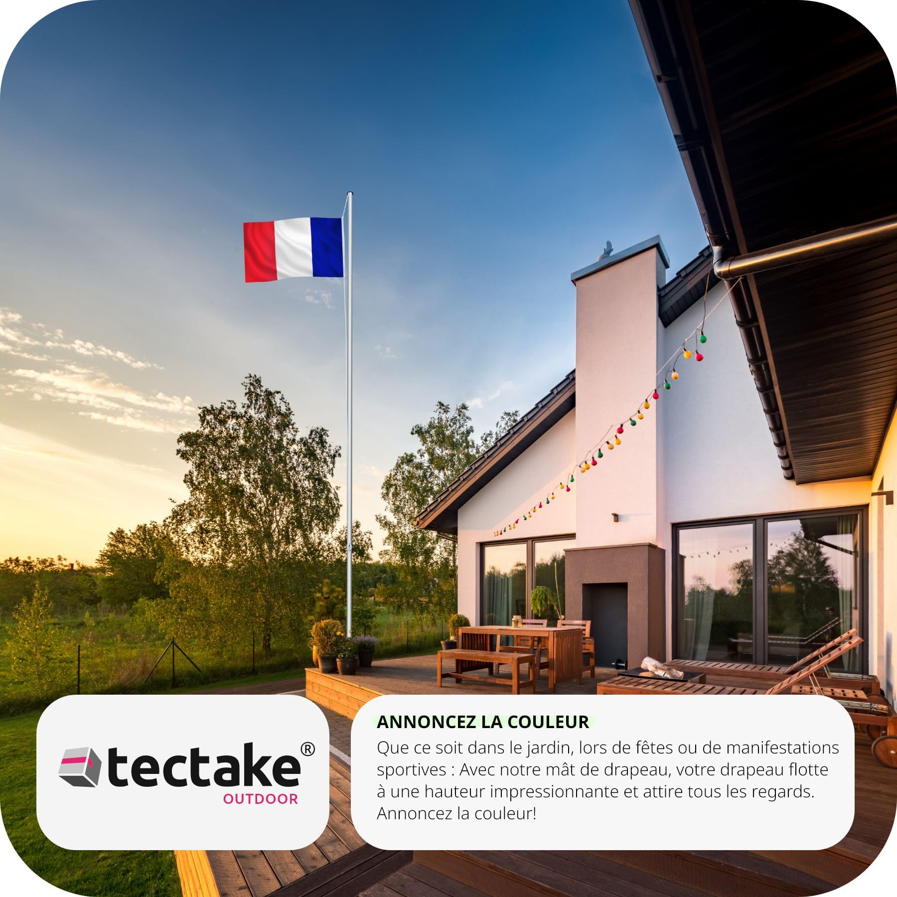 tectake® Mat de Drapeau Téléscopique en Aluminium Hauteur Réglable max. 625 cm avec Drapeau, Douille au Sol et Corde pour Évènements sportifs Football Rugby - 16 Pays au choix - Drapeau francais