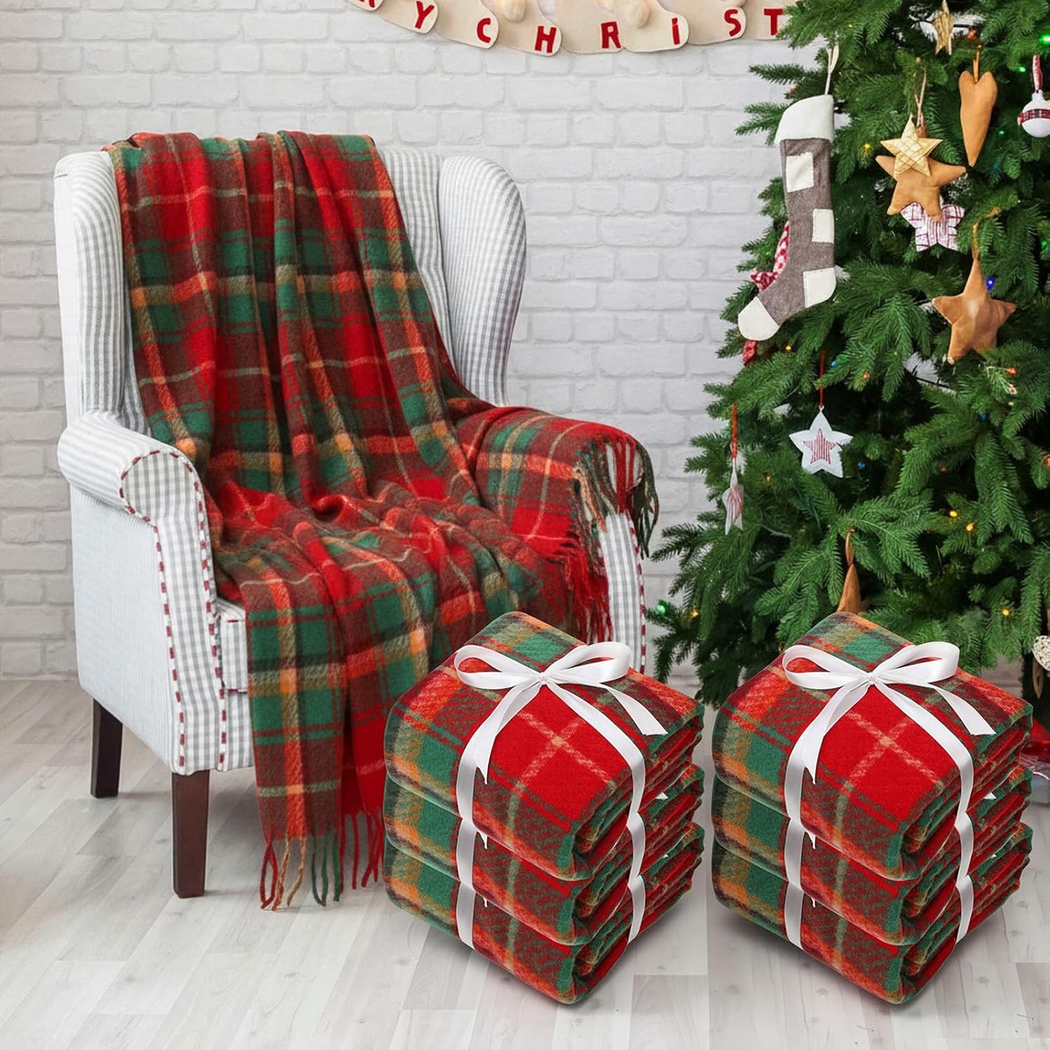 3 Pcs Red Plaid Throw Blanket with Ribbon 50"x 60" Christmas Plaid Blanket with Tassel Soft Warm Tartan Chenille Throw Fringe Carpet for Sofa Bedroom Travel Winter Shawl Cape Xmas Gift
